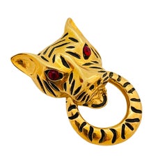 Vintage JOAN COLLINS gold door knocker enamel ruby eyes panther runway brooch