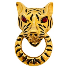 Vintage JOAN COLLINS gold door knocker enamel ruby eyes panther runway brooch