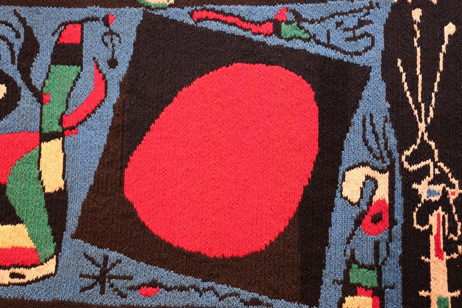 Beautiful (Chain stitch technique) vintage Joan Miro tapestry rug, country of origin / rug type: French Rug, date circa 1960's. Size: 2 ft 10 in x 1 ft 10 in (0.86 m x 0.56 m). 

This beautiful textile art tapestry is meant to convey a defining