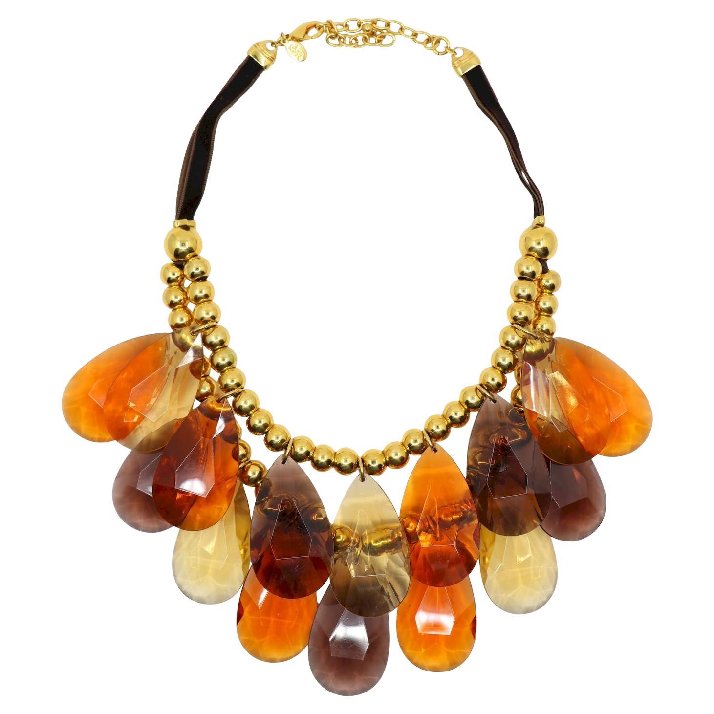 Vintage Joan River Gold Tone Brown Glass Necklace