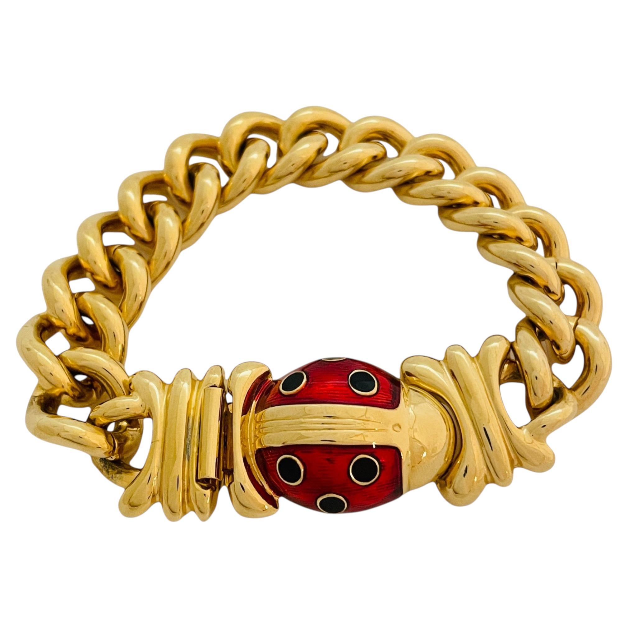 Vintage JOAN RIVERS gold chain lady bug enamel designer runway bracelet