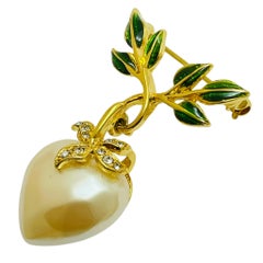 Vintage JOAN RIVERS signed gold tone faux heart pearl rhinestone dangle brooch