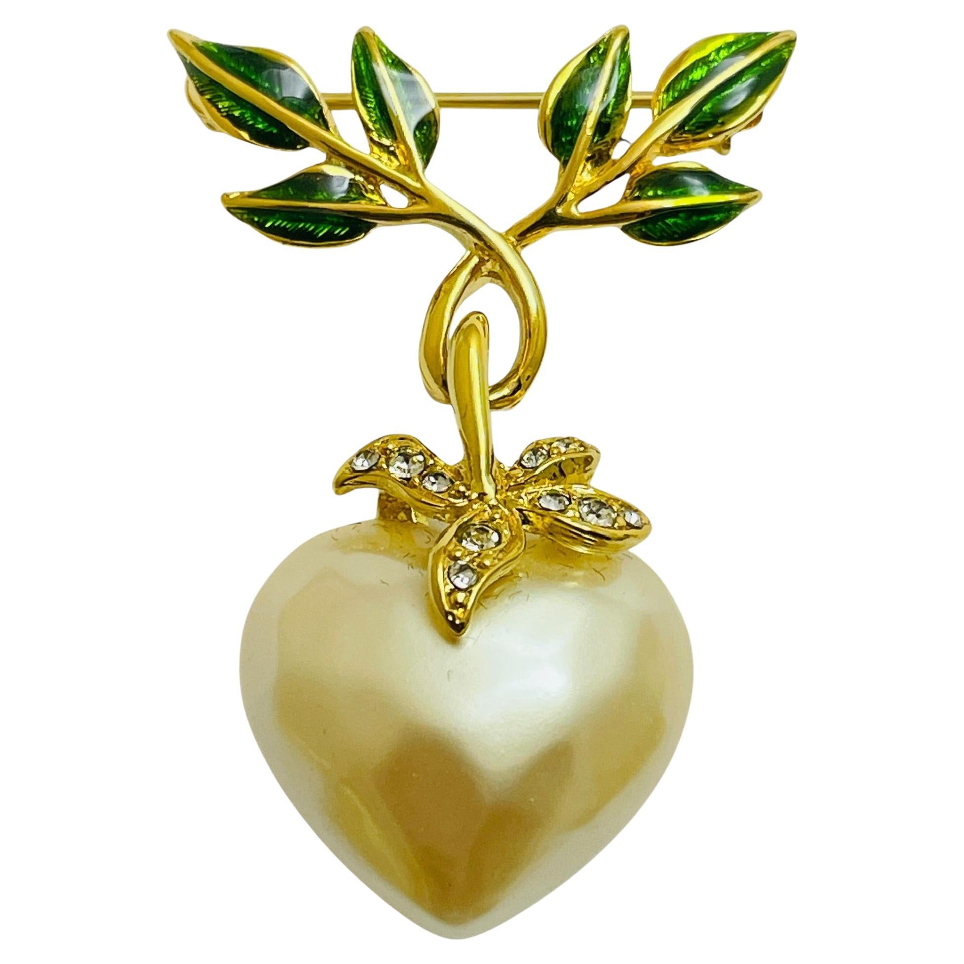 Vintage JOAN RIVERS signed gold tone faux heart pearl rhinestone dangle brooch