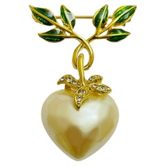 Vintage JOAN RIVERS signed gold tone faux heart pearl rhinestone dangle brooch
