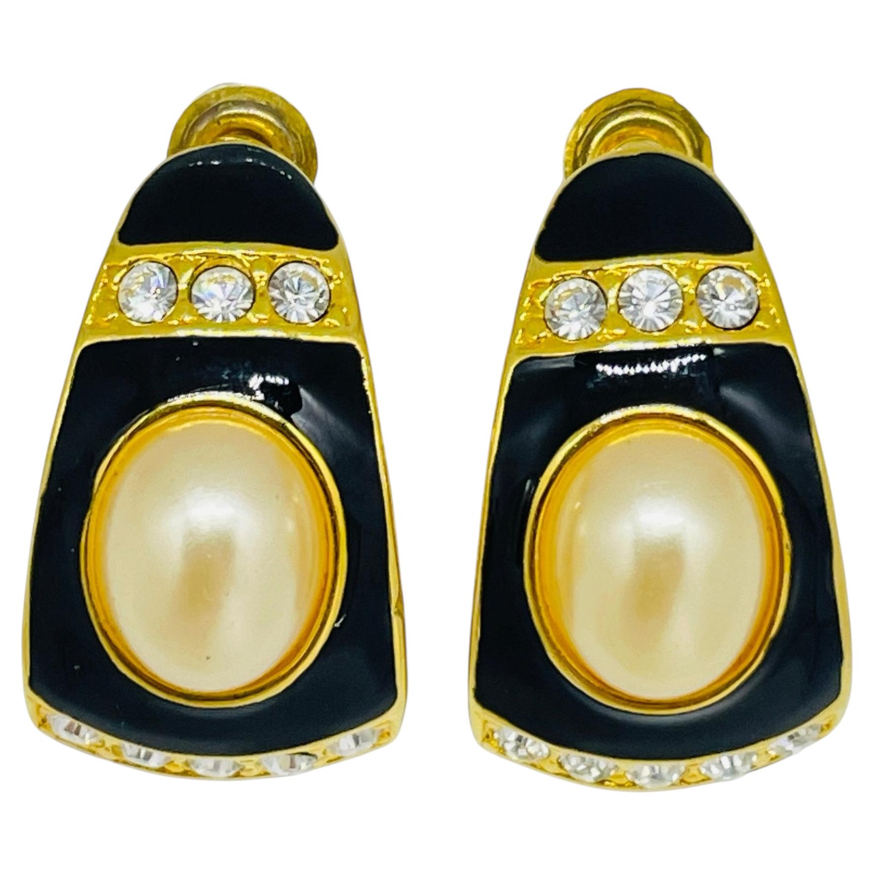 Vintage JOAN RIVERS signed gold tone pearl rhinestones enamel designer earrings