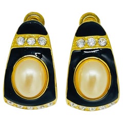 Vintage JOAN RIVERS signed gold tone pearl rhinestones enamel designer earrings
