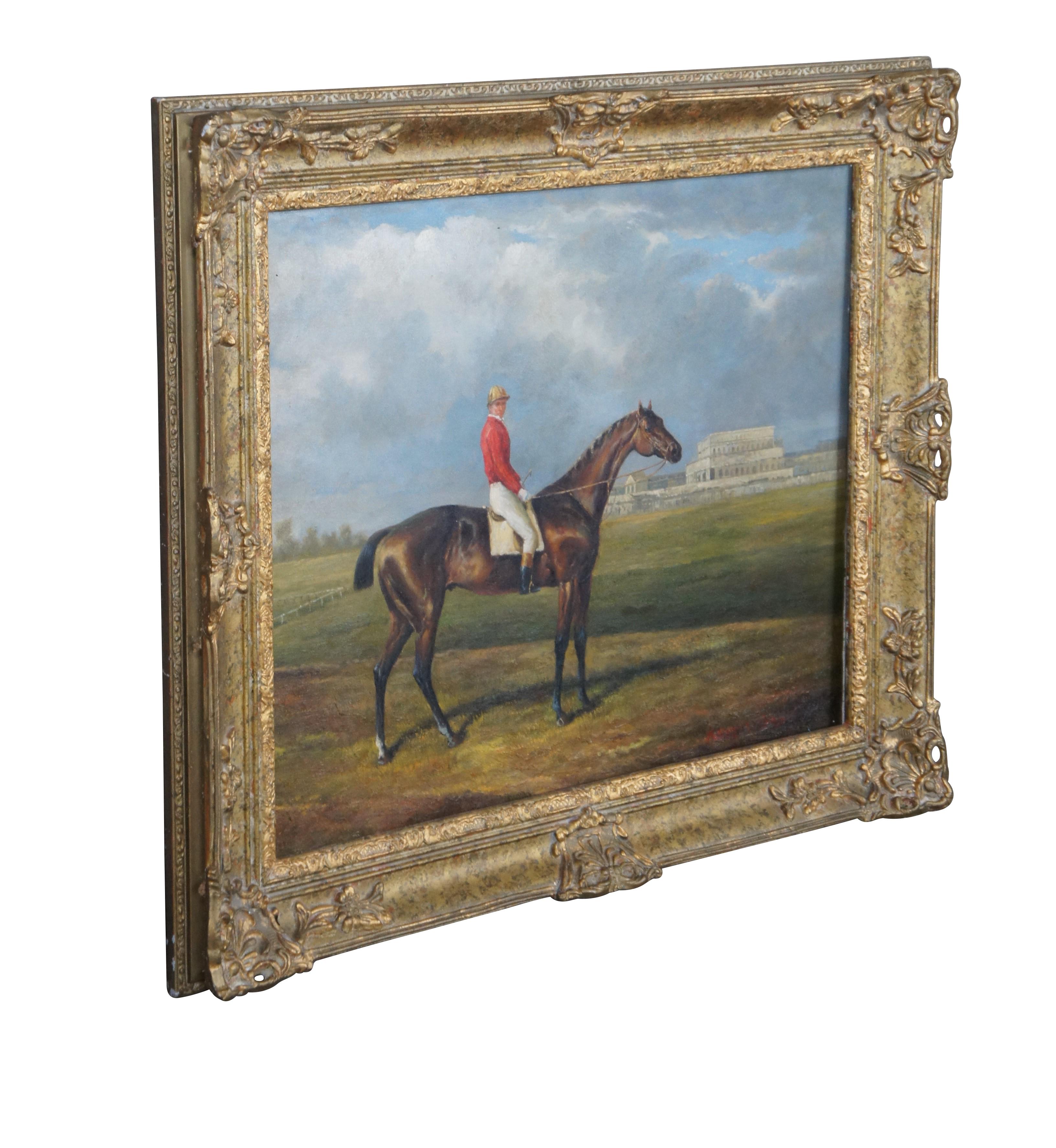 20th Century painting after Benjamin Cam Norton's Rowley Mile. Unsigned.  Features a Jockey in red posing on his race horse.  The painting is framed in gold. 

Dimensions:
30