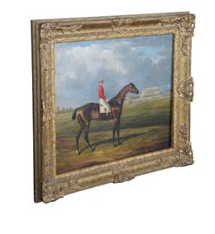 Vintage Jockey on Race Horse Oil Painting on Canvas Equestrian Rowley Mile 30"