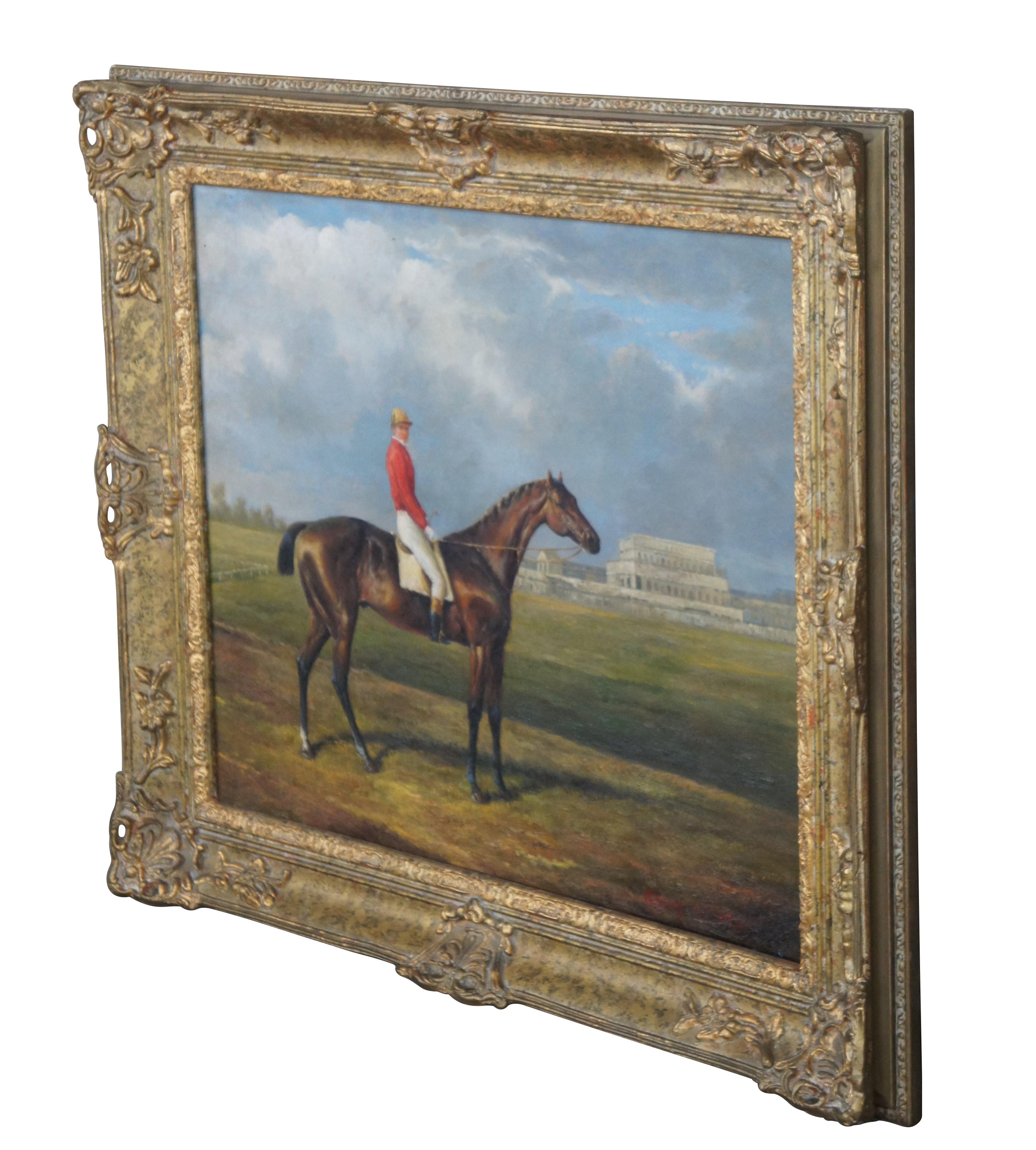 Vintage Jockey on Race Horse Oil Painting on Canvas Equestrian Rowley Mile 30