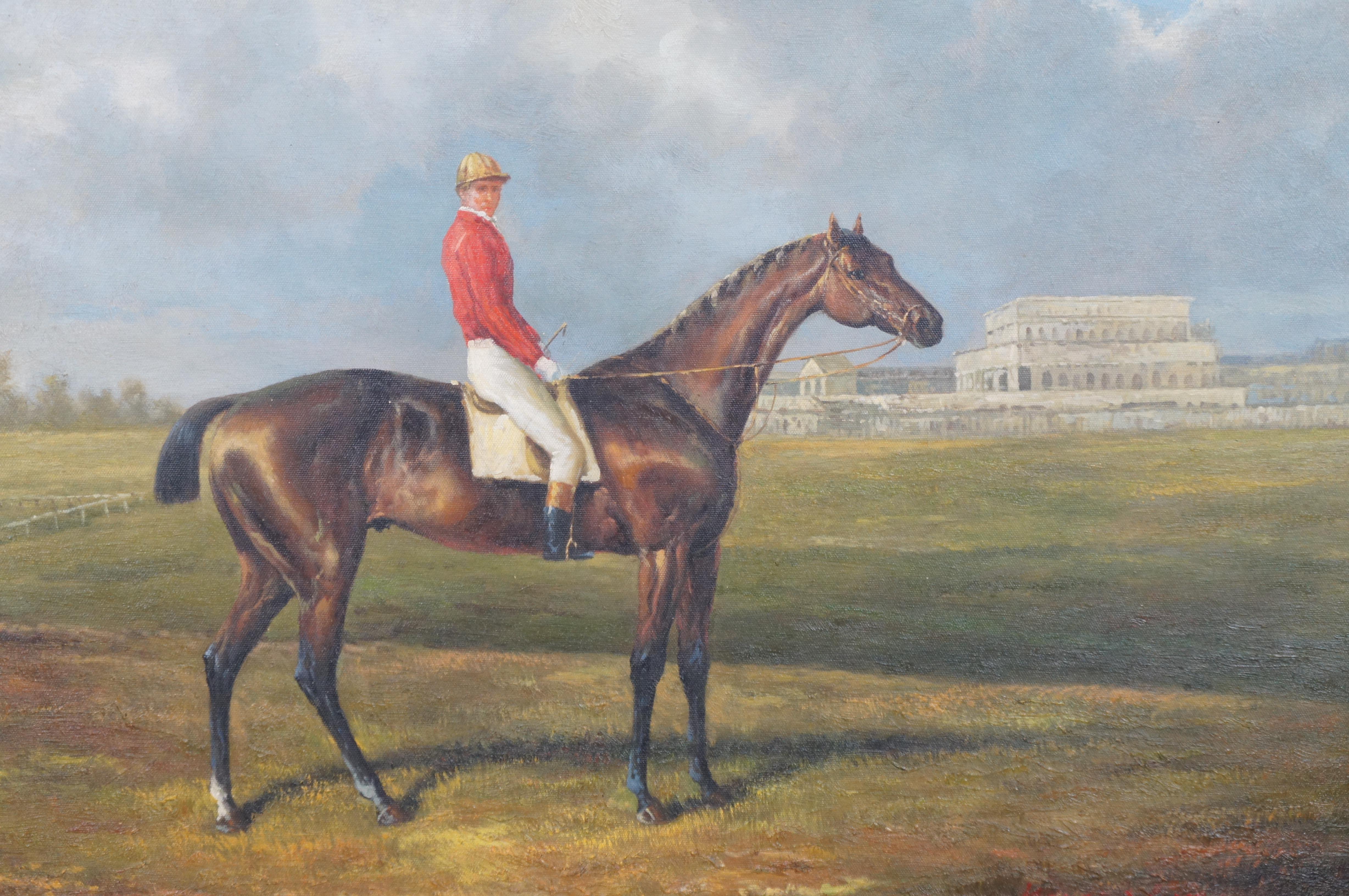 20th Century Vintage Jockey on Race Horse Oil Painting on Canvas Equestrian Rowley Mile 30
