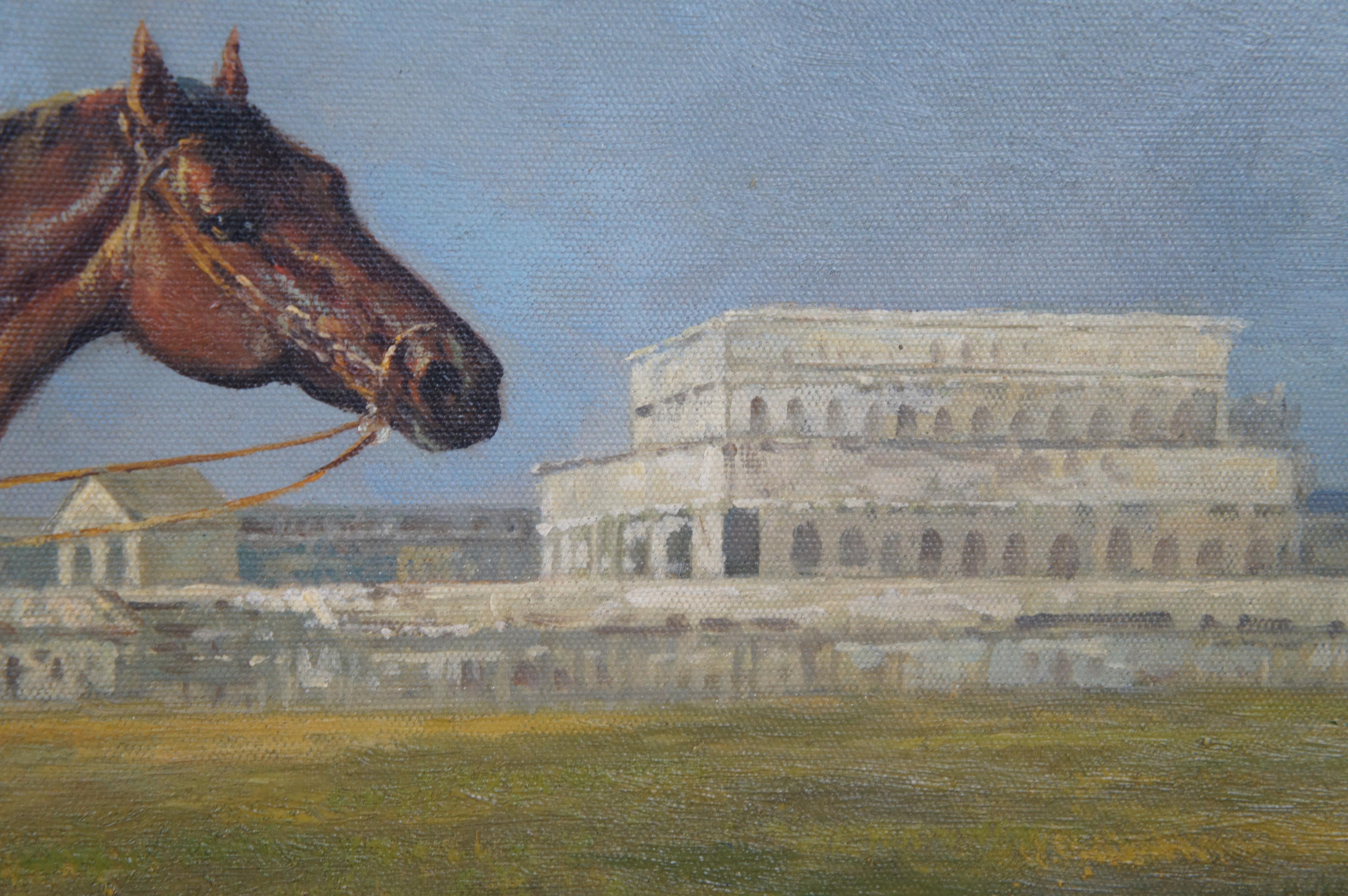 Vintage Jockey on Race Horse Oil Painting on Canvas Equestrian Rowley Mile 30