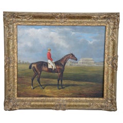 Vintage Jockey on Race Horse Oil Painting on Canvas Equestrian Rowley Mile 30"