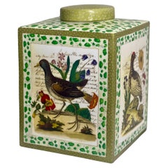 Vintage John Derian Tarro cuadrado grande con tapa de porcelana con pájaros y follaje
