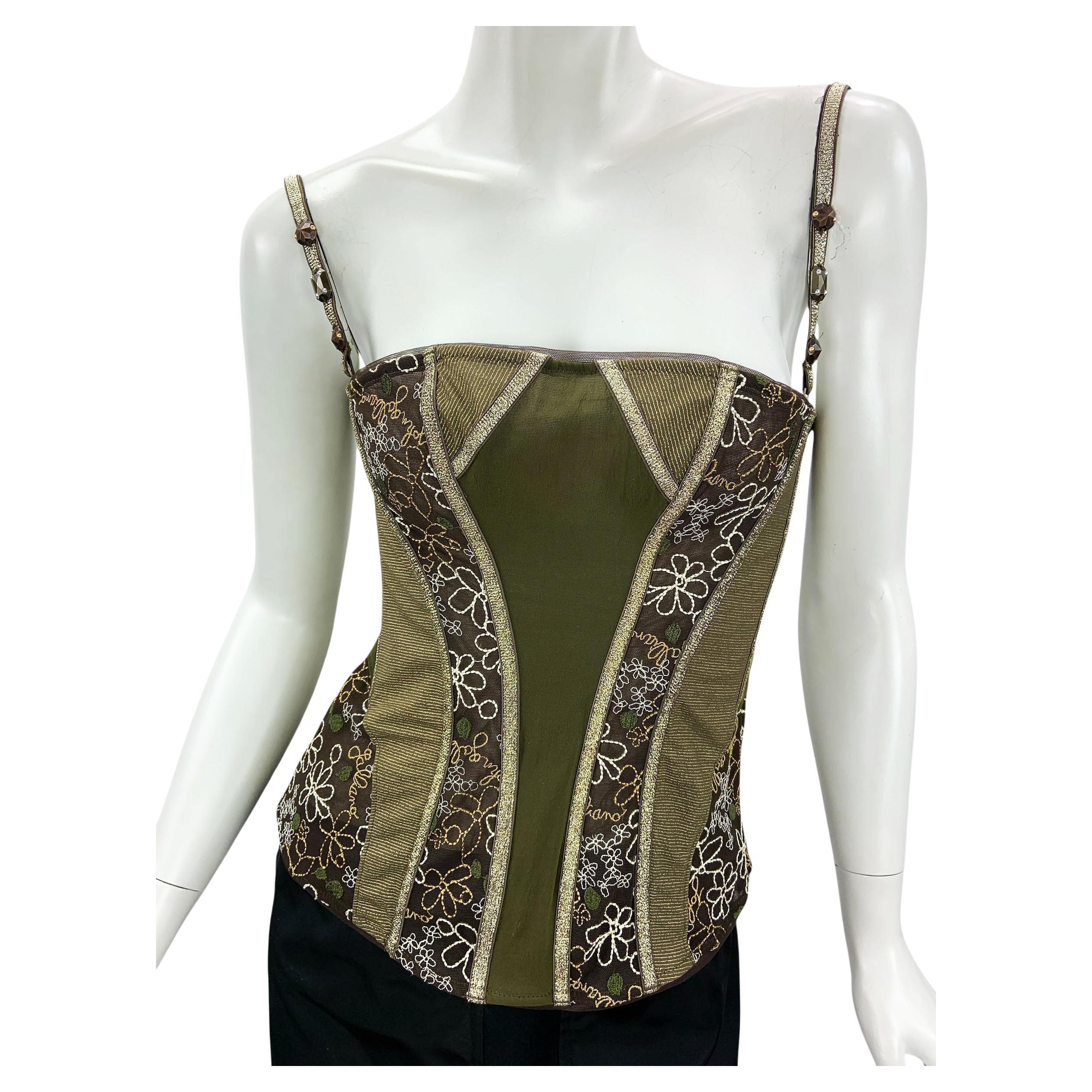 John Galiano, bustier vintage à dentelle transparente et corset brodé à lacets, taille M