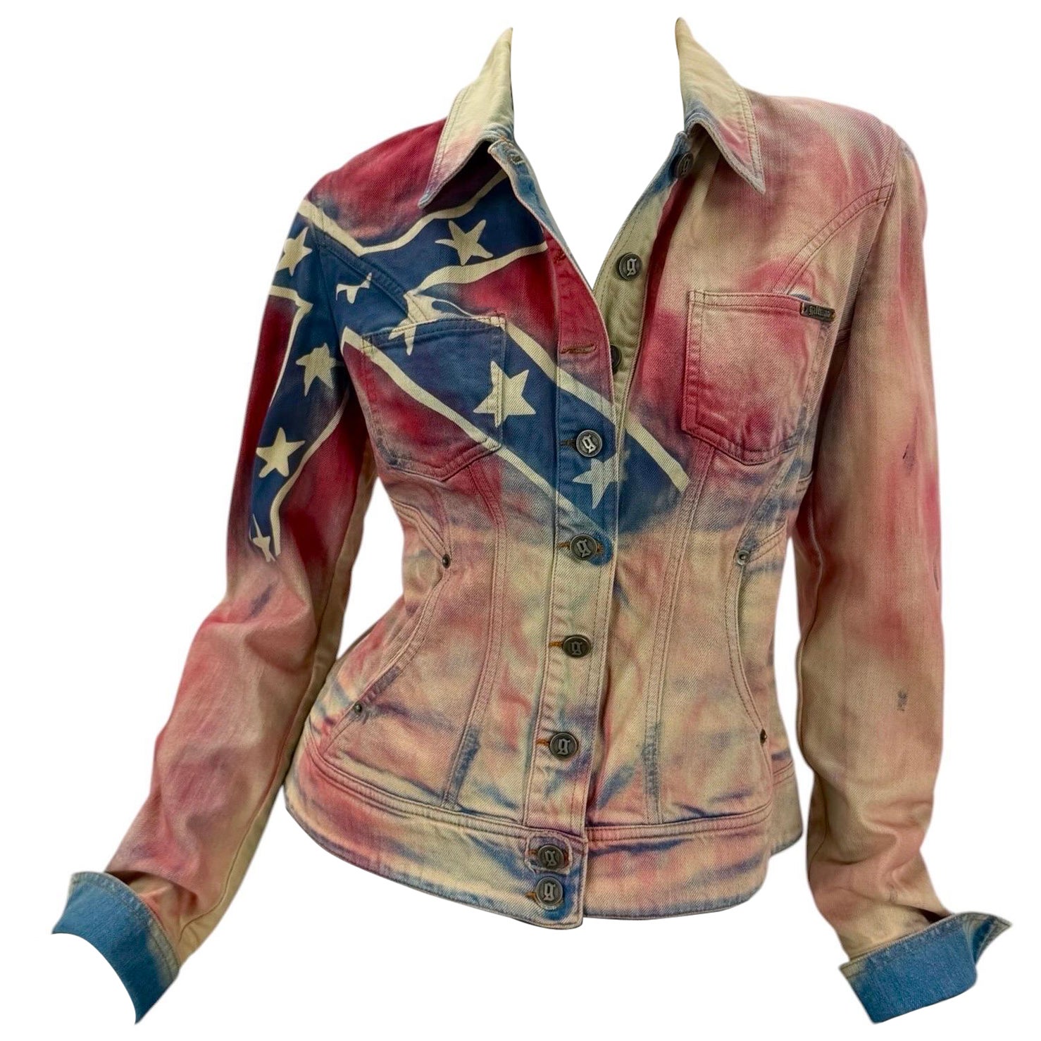 John Galliano 2000s Hand-Dyed Denim Jacket with Confederate Flag Motif US 8