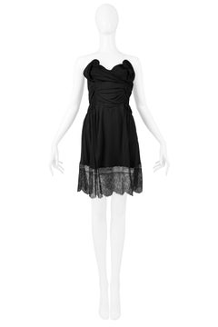 Vintage John Galliano Black Gathered Strapless Dress with Lace Trim