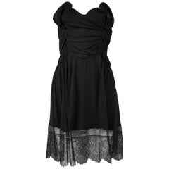 Vintage John Galliano Black Gathered Strapless Dress with Lace Trim