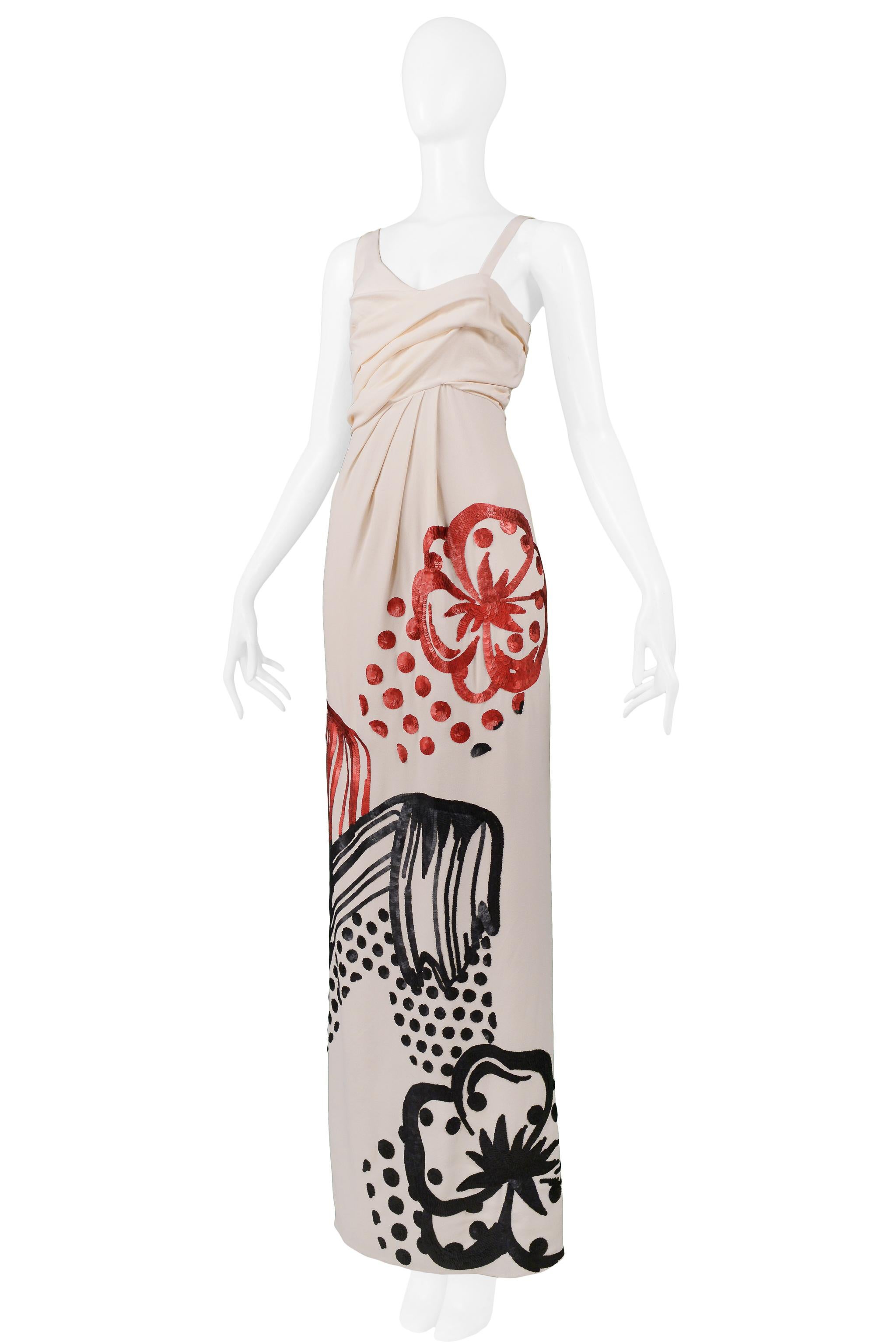 Women's Vintage John Galliano Cream Gown with Black & Red Sequins 2007 For Sale