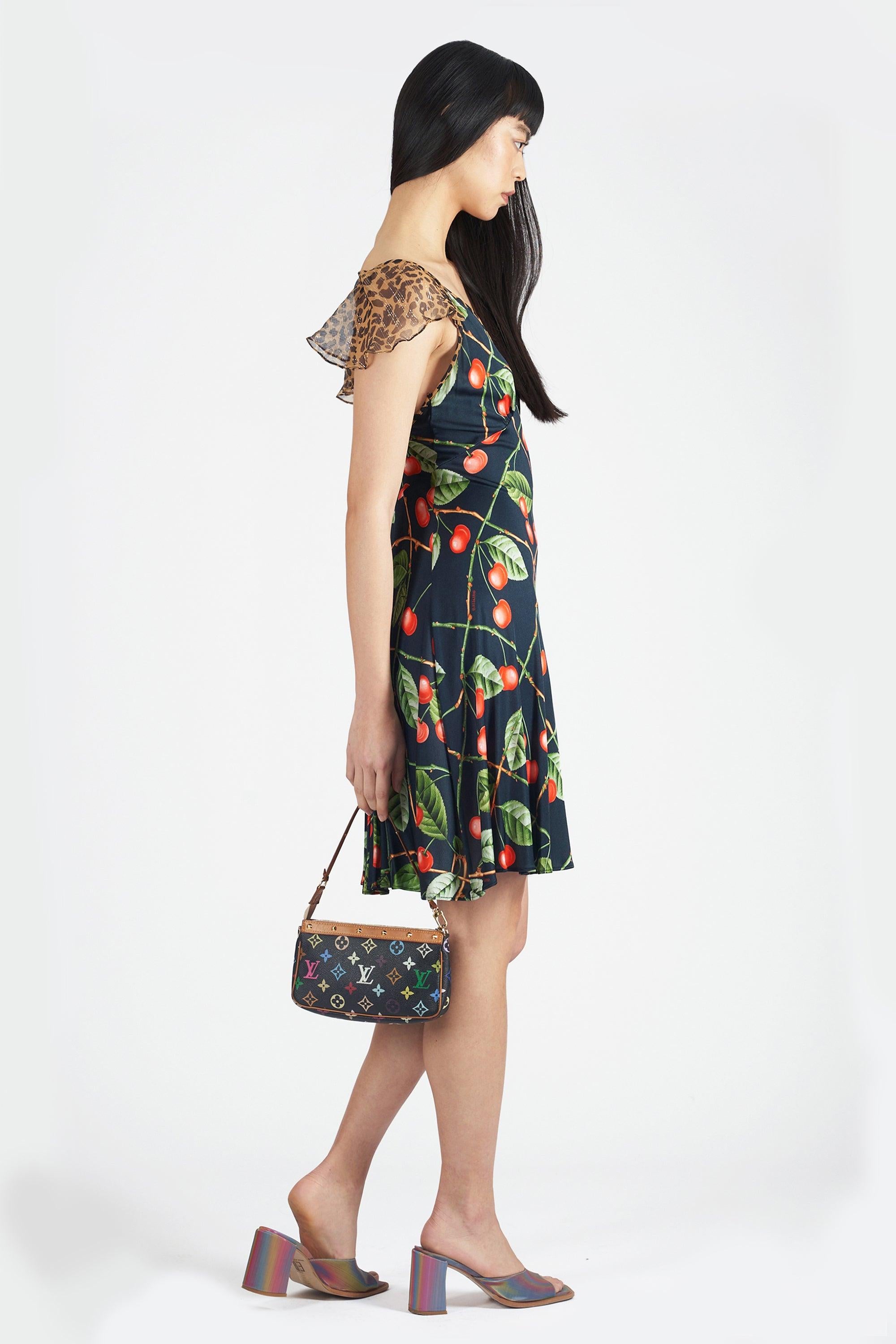 Brown Vintage John Galliano F/W 2003 Cherry and Leopard Print Dress For Sale