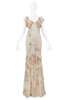 Vintage John Galliano Floral Chiffon Ruffle Gown 2001