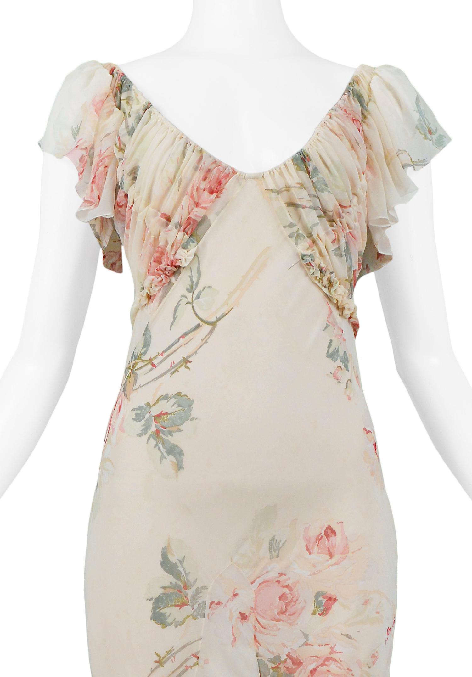 Beige Vintage John Galliano Floral Chiffon Ruffle Gown 2001