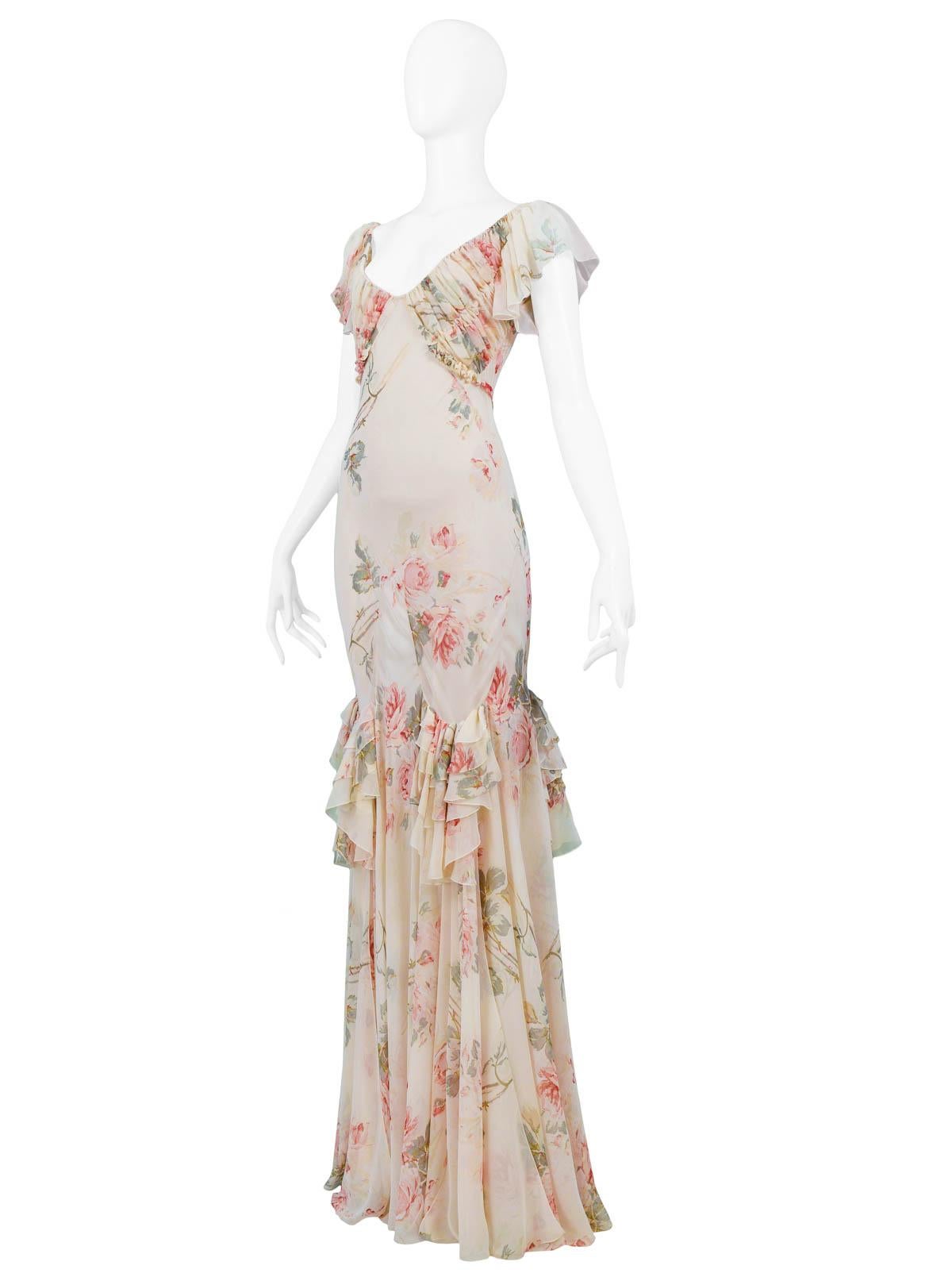 Vintage John Galliano Floral Chiffon Ruffle Gown 2001 In Excellent Condition In Los Angeles, CA