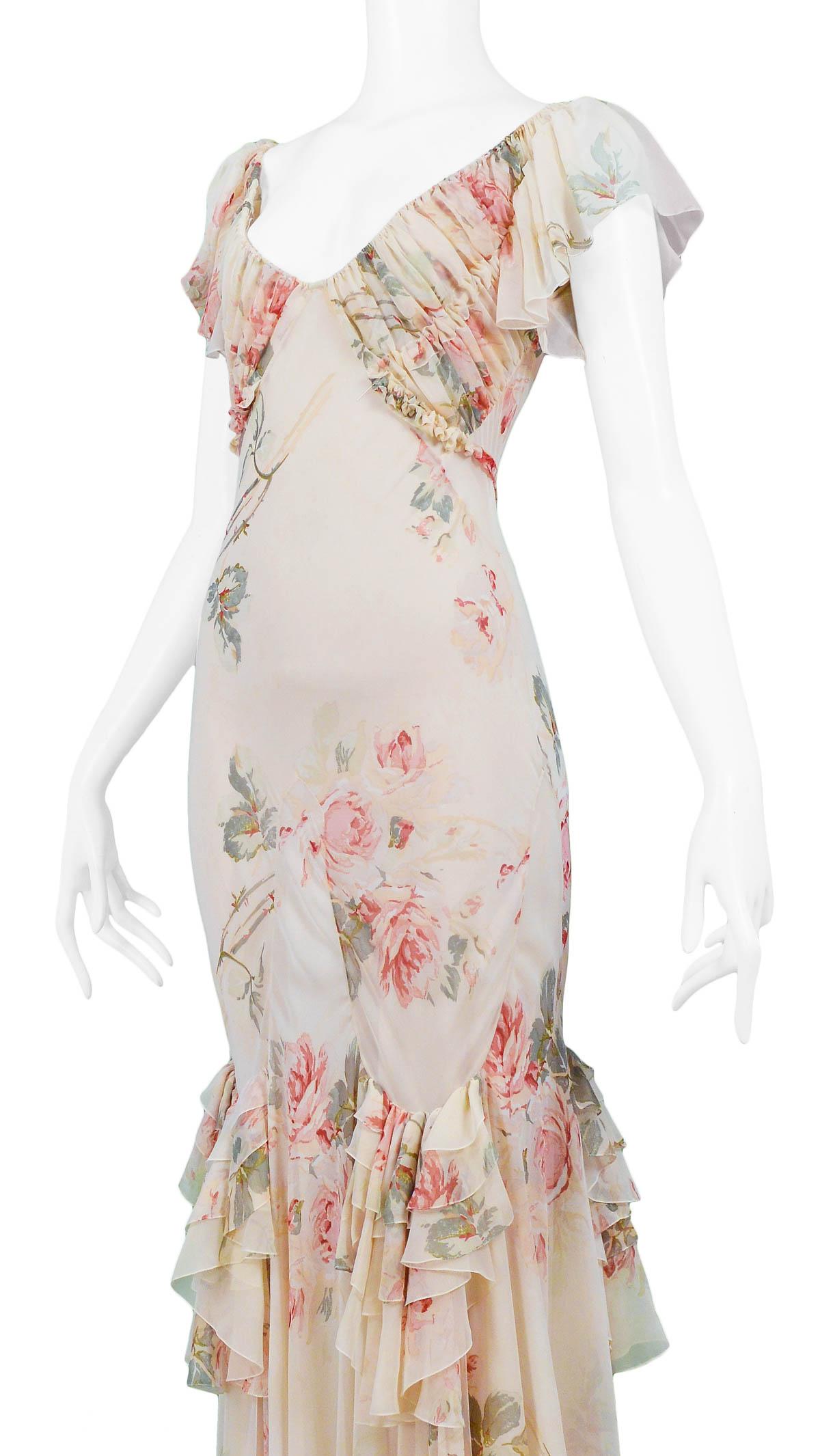 Women's Vintage John Galliano Floral Chiffon Ruffle Gown 2001