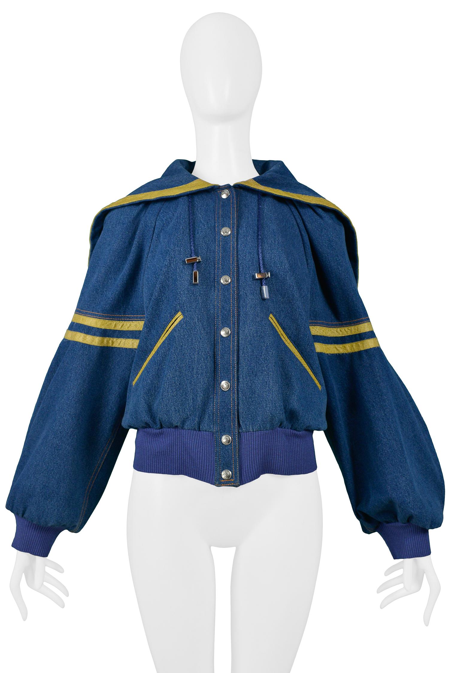 Vintage John Galliano for Christian Dior denim varsity jacket featuring ribbing at cuffs and waist, yellow salmon skin trim, front snap closure and plaid embroidered 