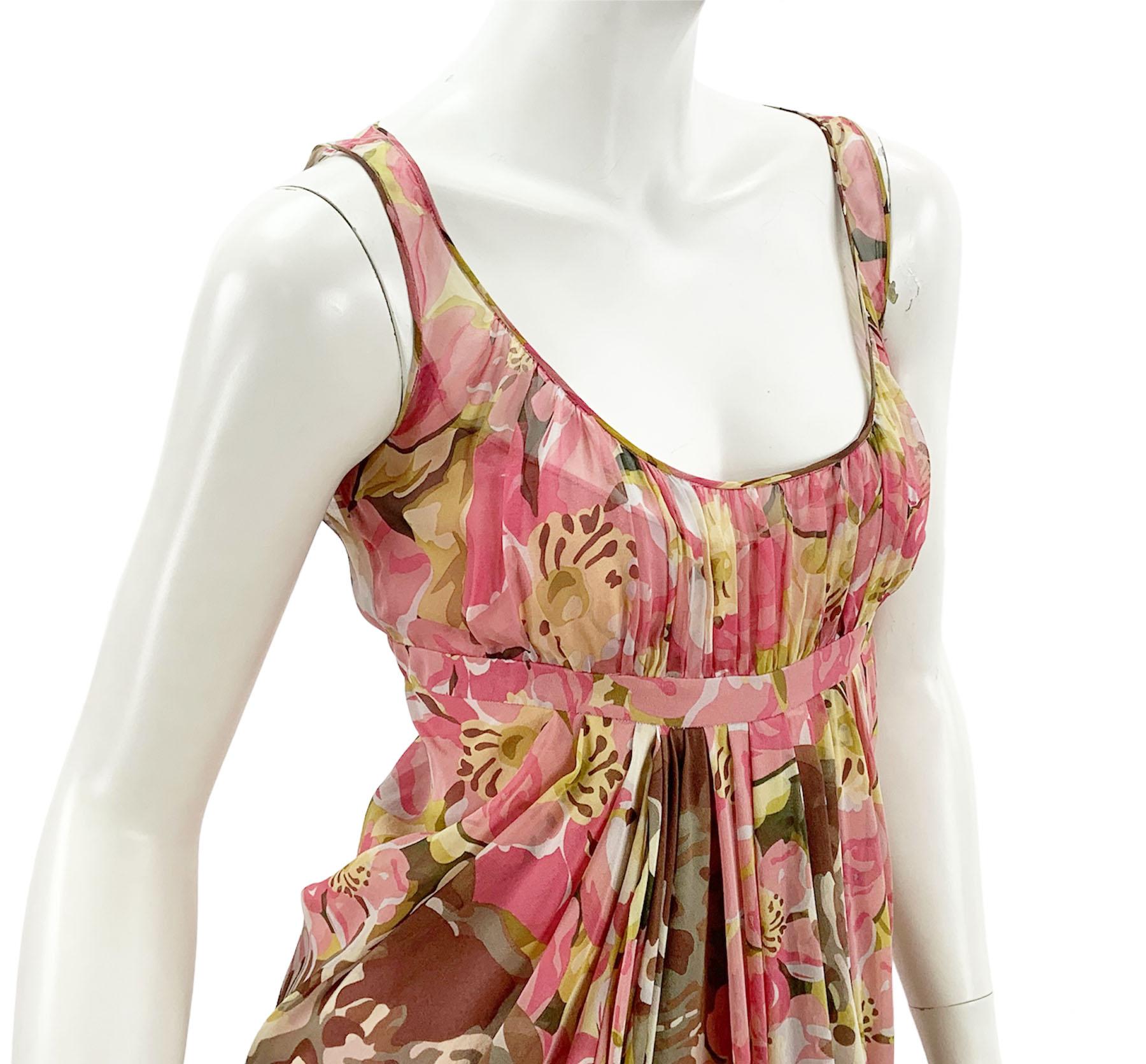 Beige Vintage John Galliano Silk Floral Print Pleated Dress French 36 - US 4 For Sale