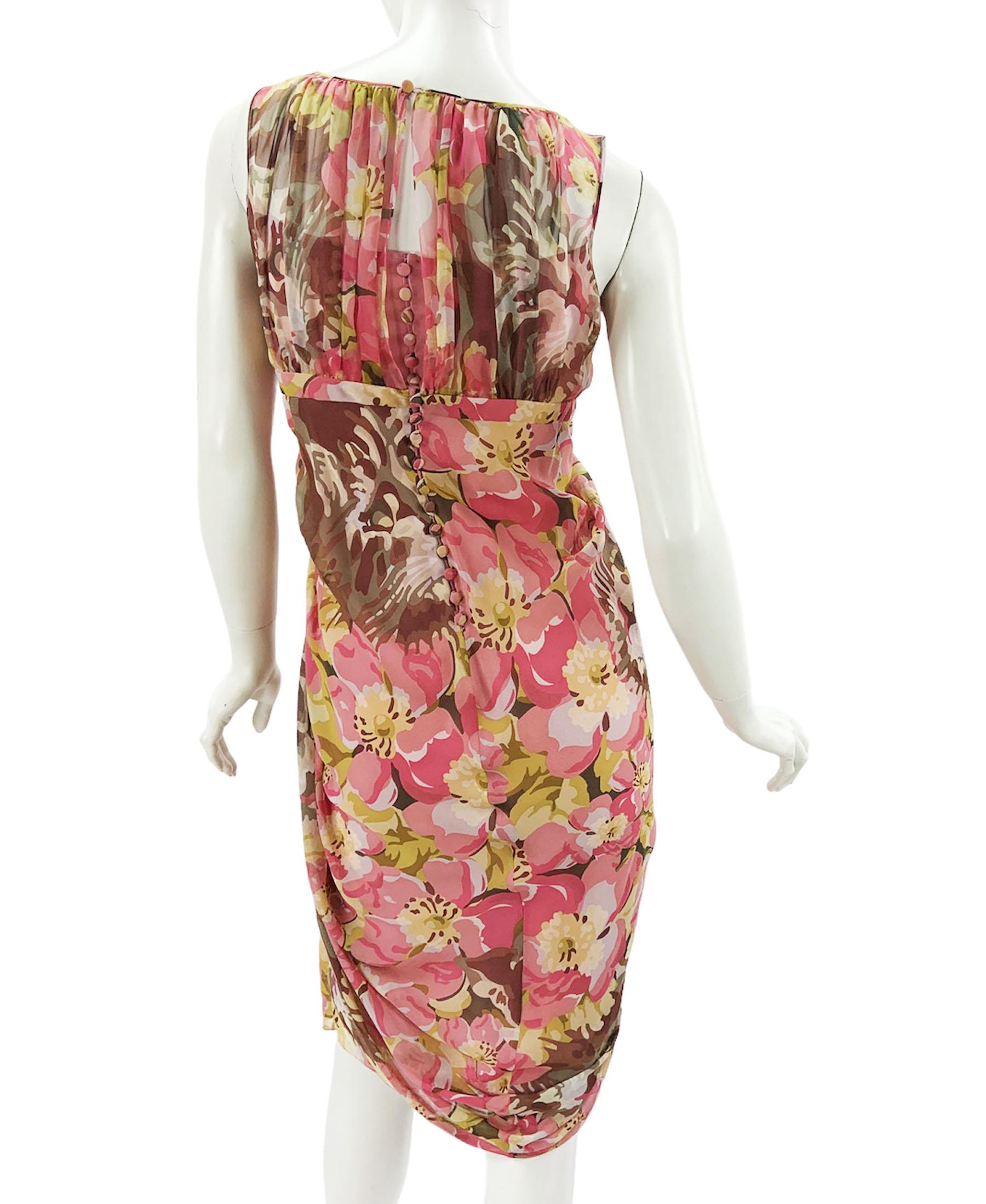 John Galliano - Robe plissée en soie à imprimé floral, française, taille 36 - US 4 en vente 2