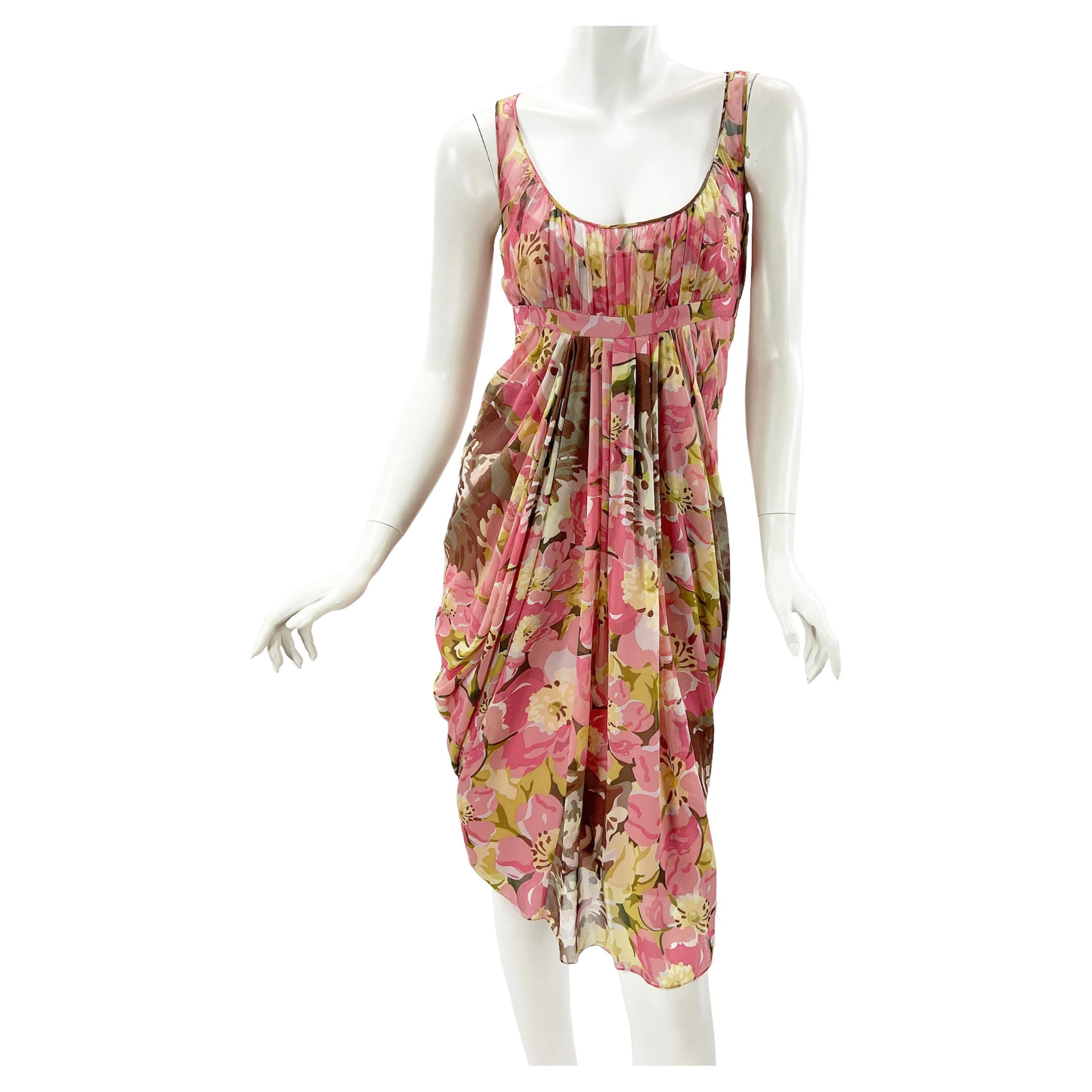 Vintage John Galliano Silk Floral Print Pleated Dress French 36 - US 4 For Sale