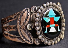 Vintage John Gordon Leak Sterling Silver Inlaid Zuni Knife Wing Bracelet, 1938