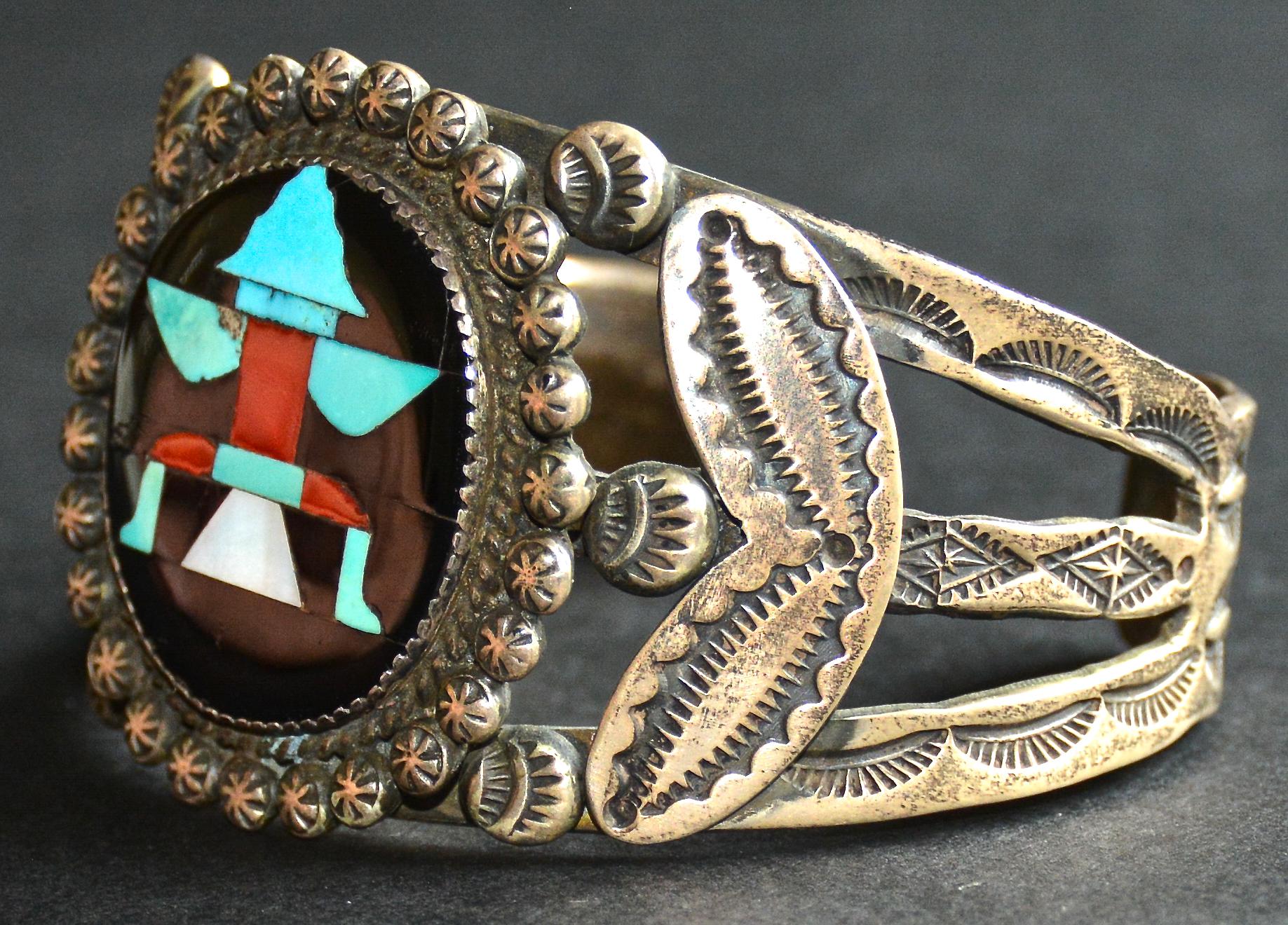 Women's or Men's Vintage John Gordon Leak Sterling Silver Inlaid Zuni Knife Wing Bracelet, 1938 For Sale