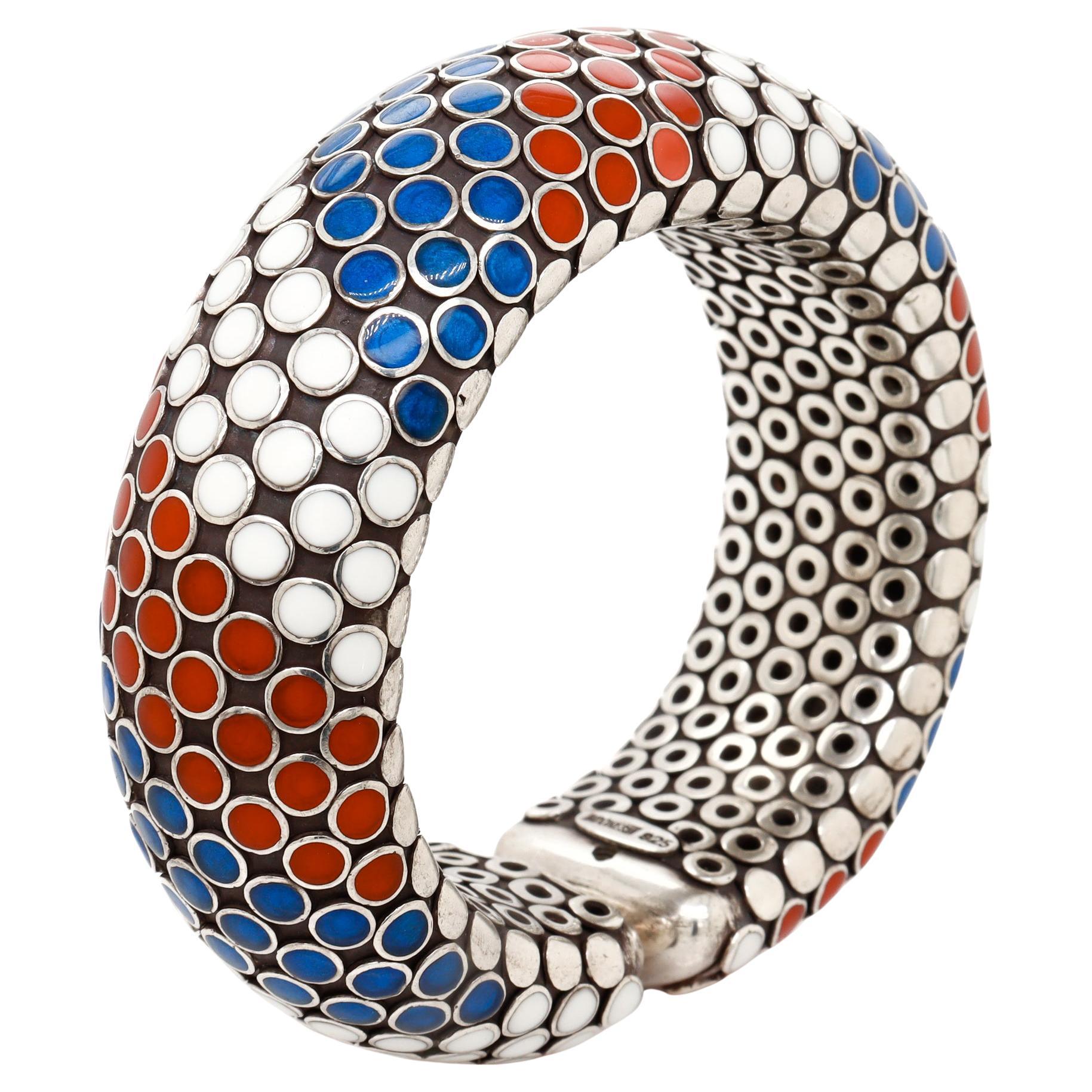 Breites, flexibles Armband im Vintage-Stil von John Hardy mit Punktmuster aus Sterlingsilber und Emaille im Angebot