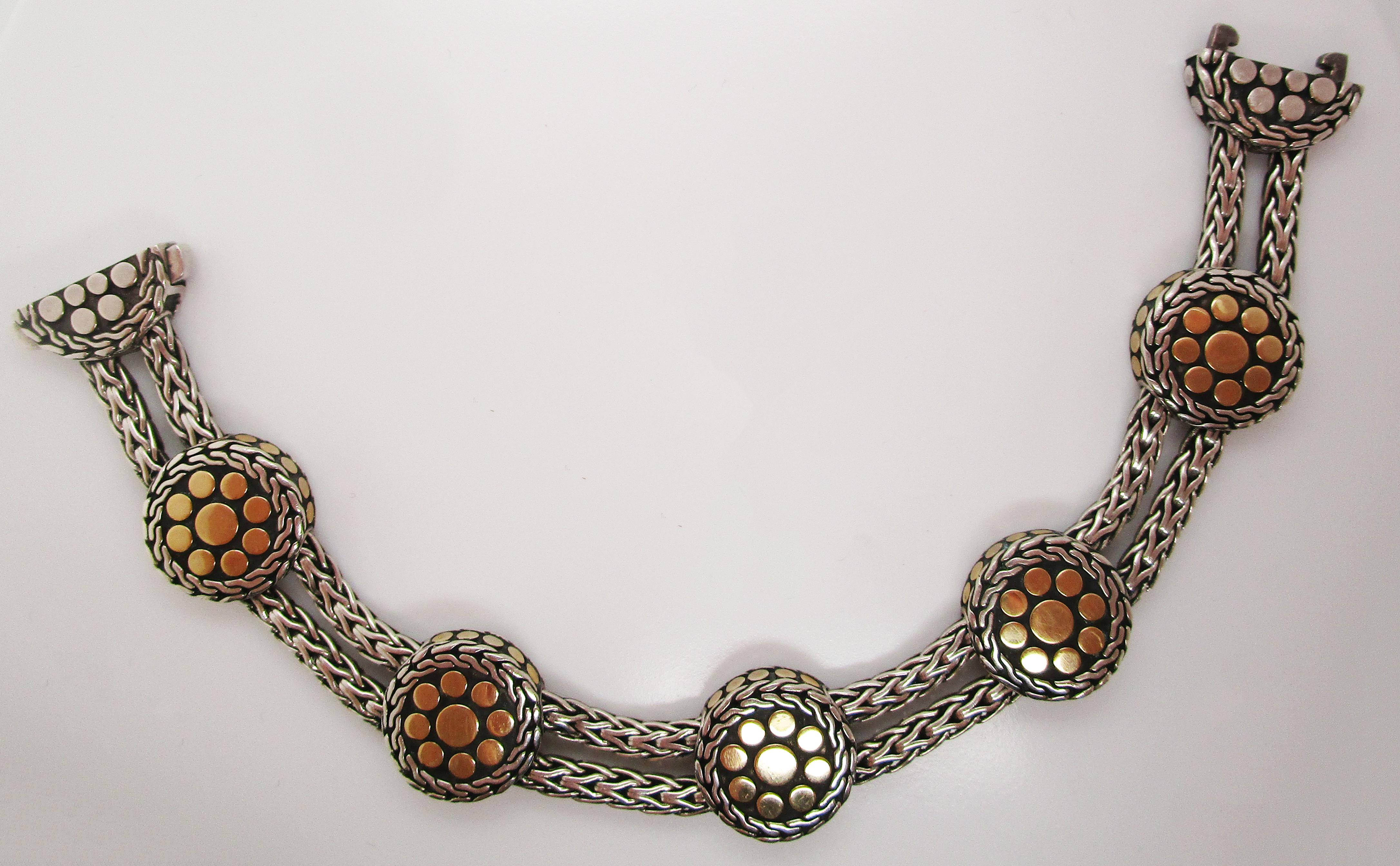 Vintage John Hardy Sterling Silver and 18 Karat Yellow Gold Bracelet In Excellent Condition In Lexington, KY