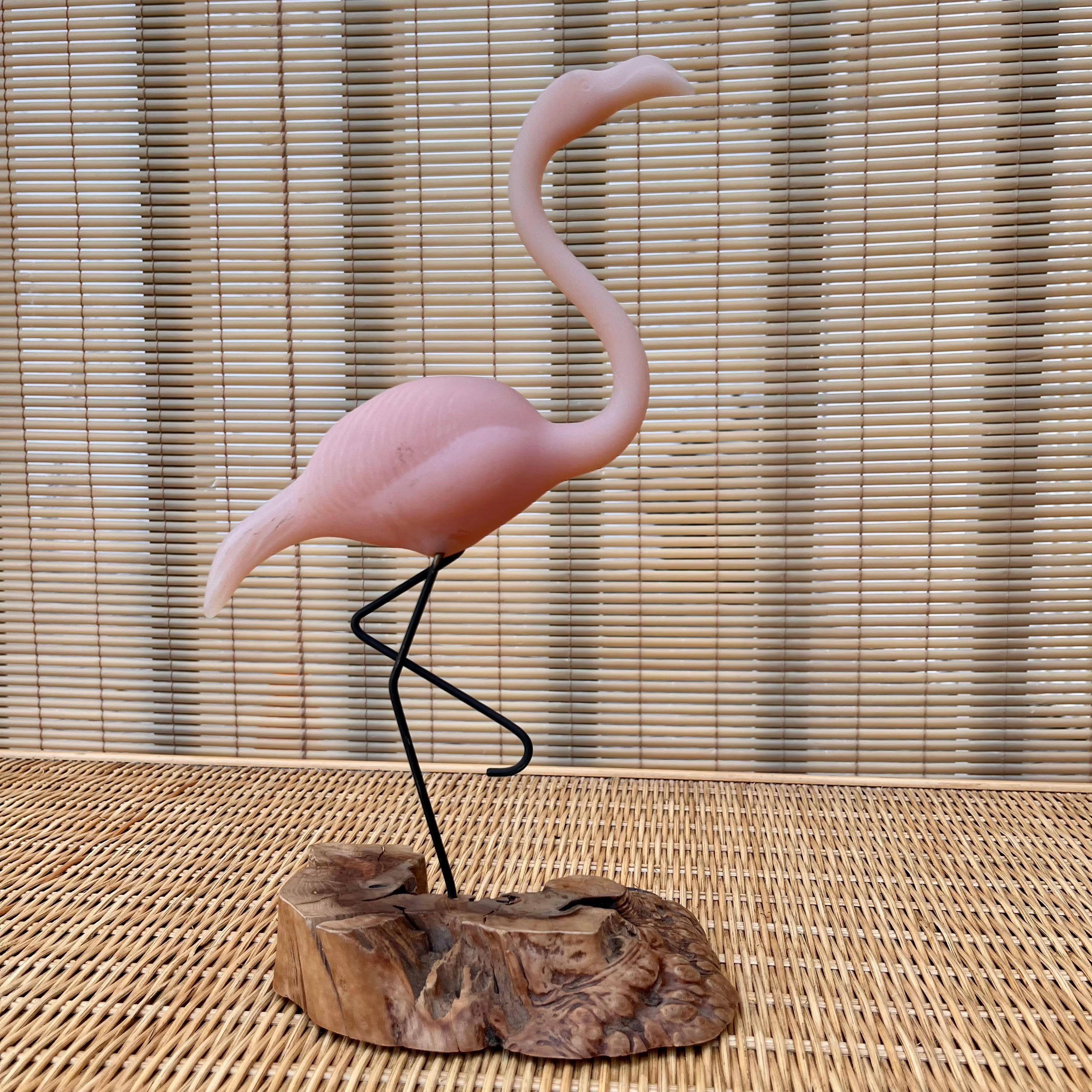 American Vintage John Perry Pink Flamingo Sculpture With Burlwood Base