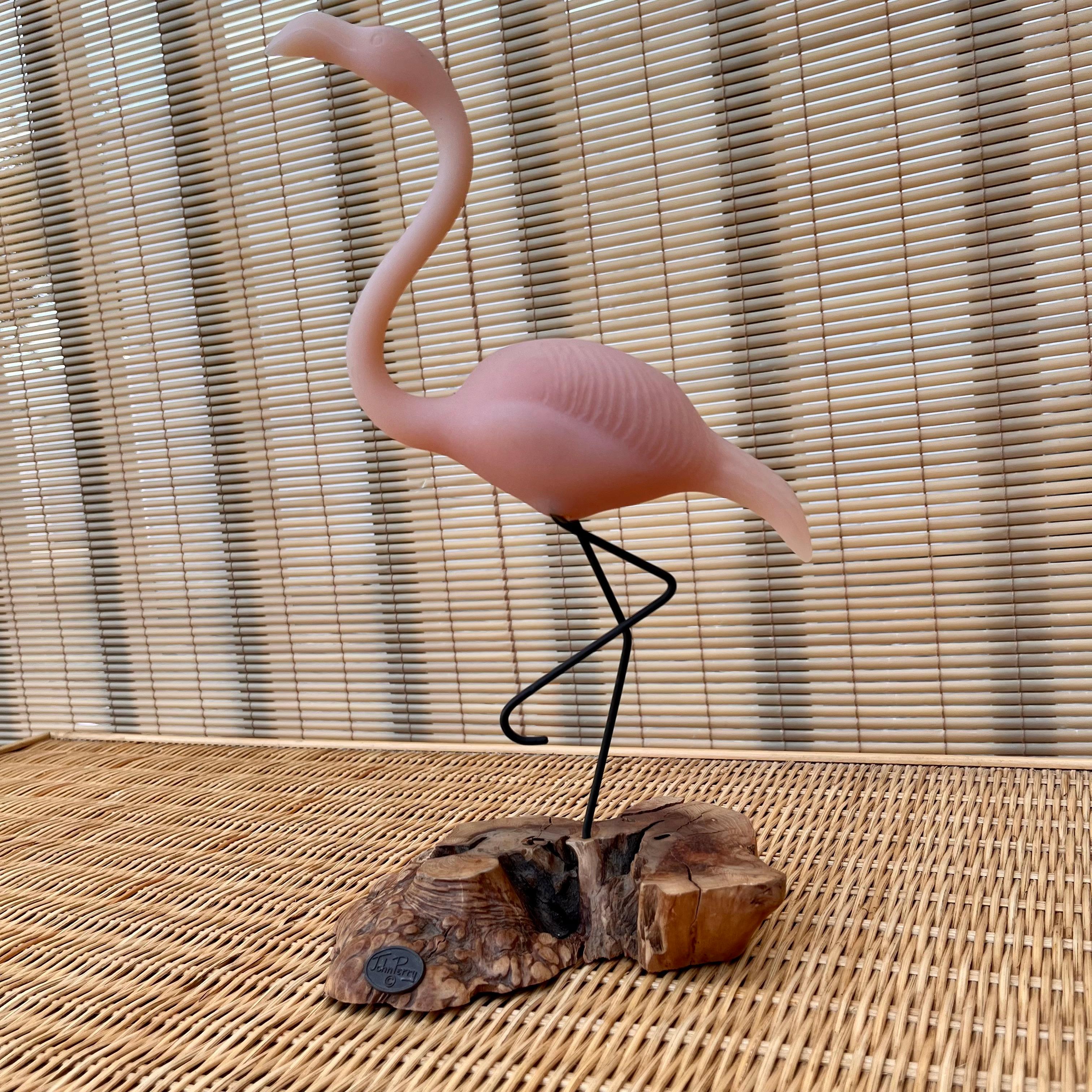 Vintage John Perry Pink Flamingo Sculpture With Burlwood Base In Good Condition In Miami, FL