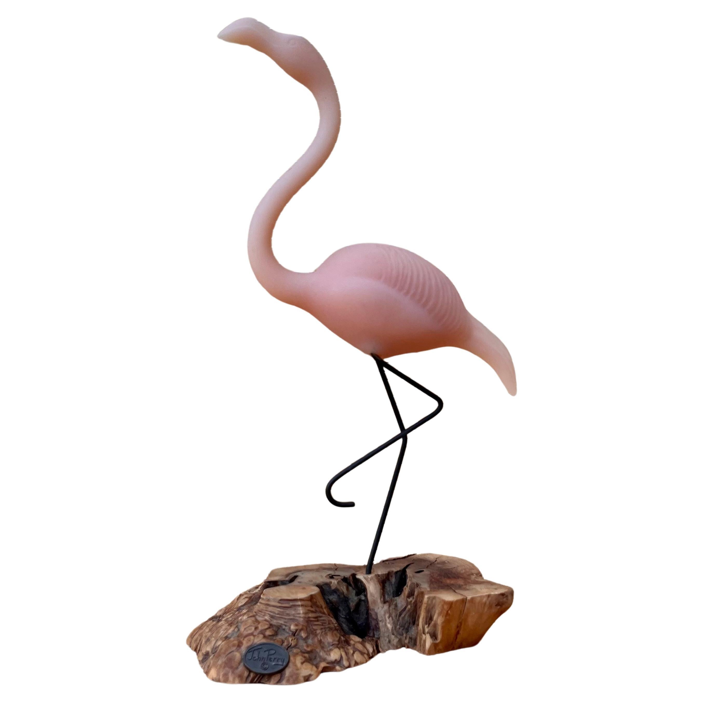 Vintage John Perry Pink Flamingo Sculpture With Burlwood Base