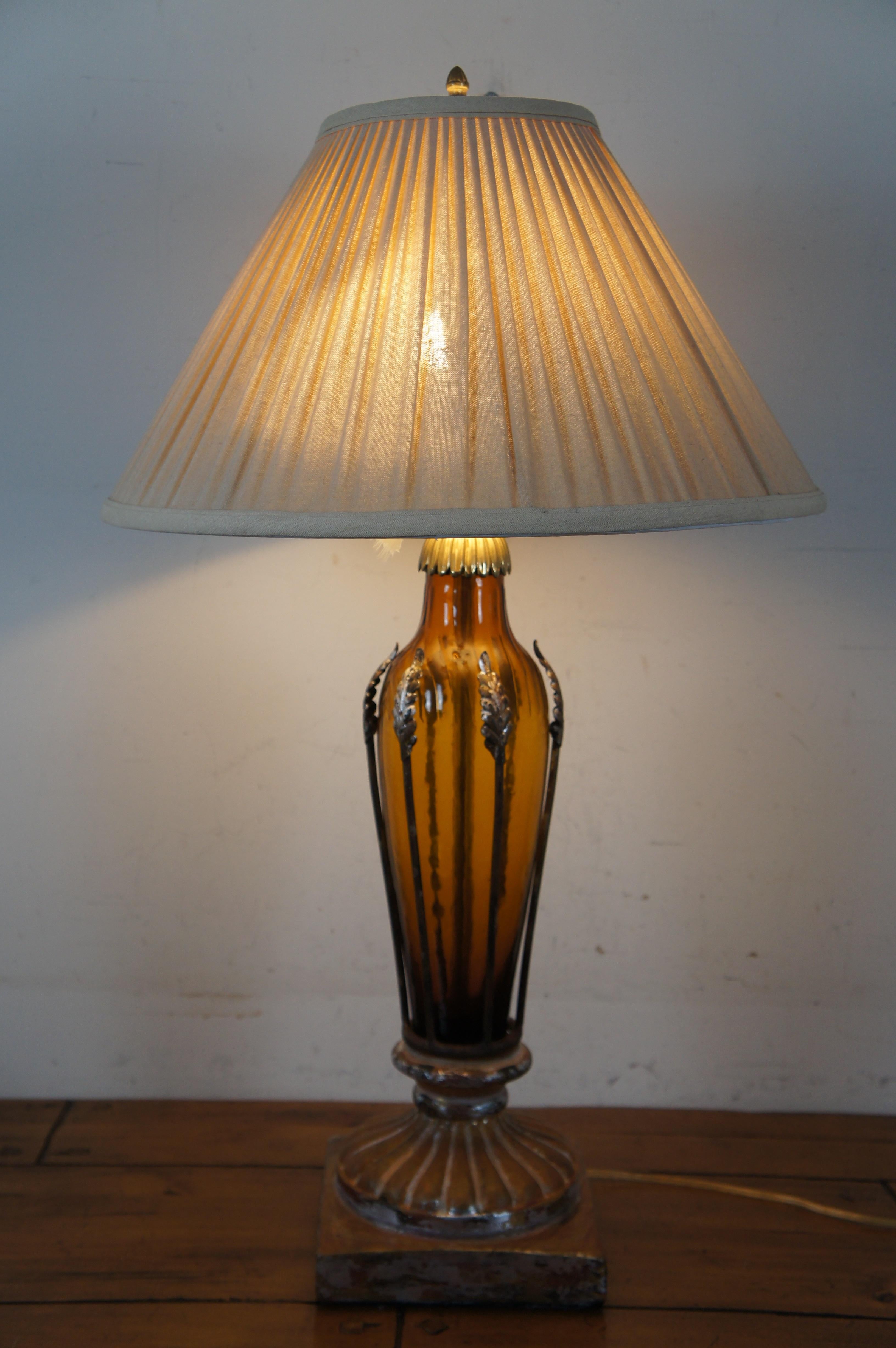 Vintage John Richard Neoclassical Chalkware Amber & Gold Glass Vase Lamp 35