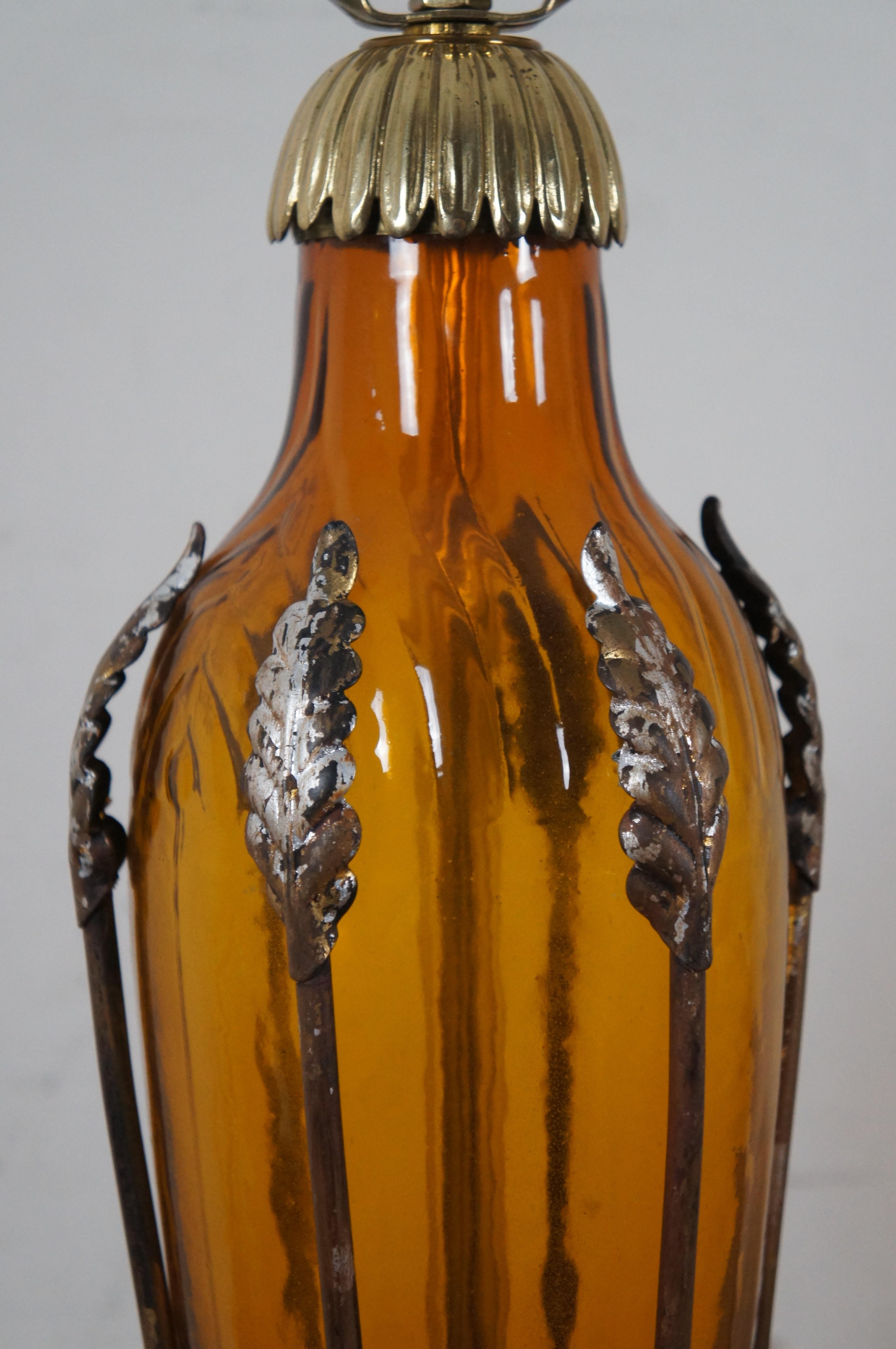 20th Century Vintage John Richard Neoclassical Chalkware Amber & Gold Glass Vase Lamp 35
