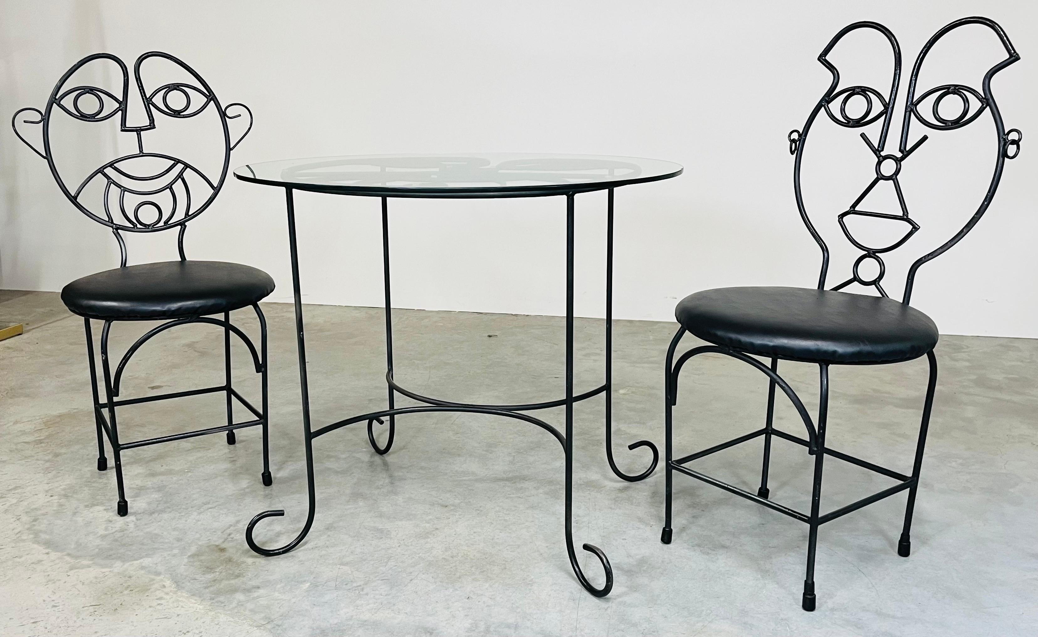 Mexican Vintage John Risley Style Solid Iron His & Hers Face Dining Set Table & Chairs For Sale
