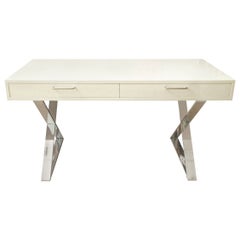Vintage John Stuart Campaign Wood Desk With White Lacquer, X-Chrome Base 70's