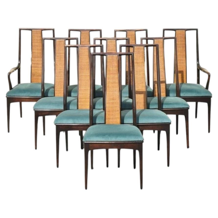 Vintage-Esszimmerstühle im Mid-Century-Modern-Stil mit Rohrgeflecht von John Stuart – 10er-Set im Angebot