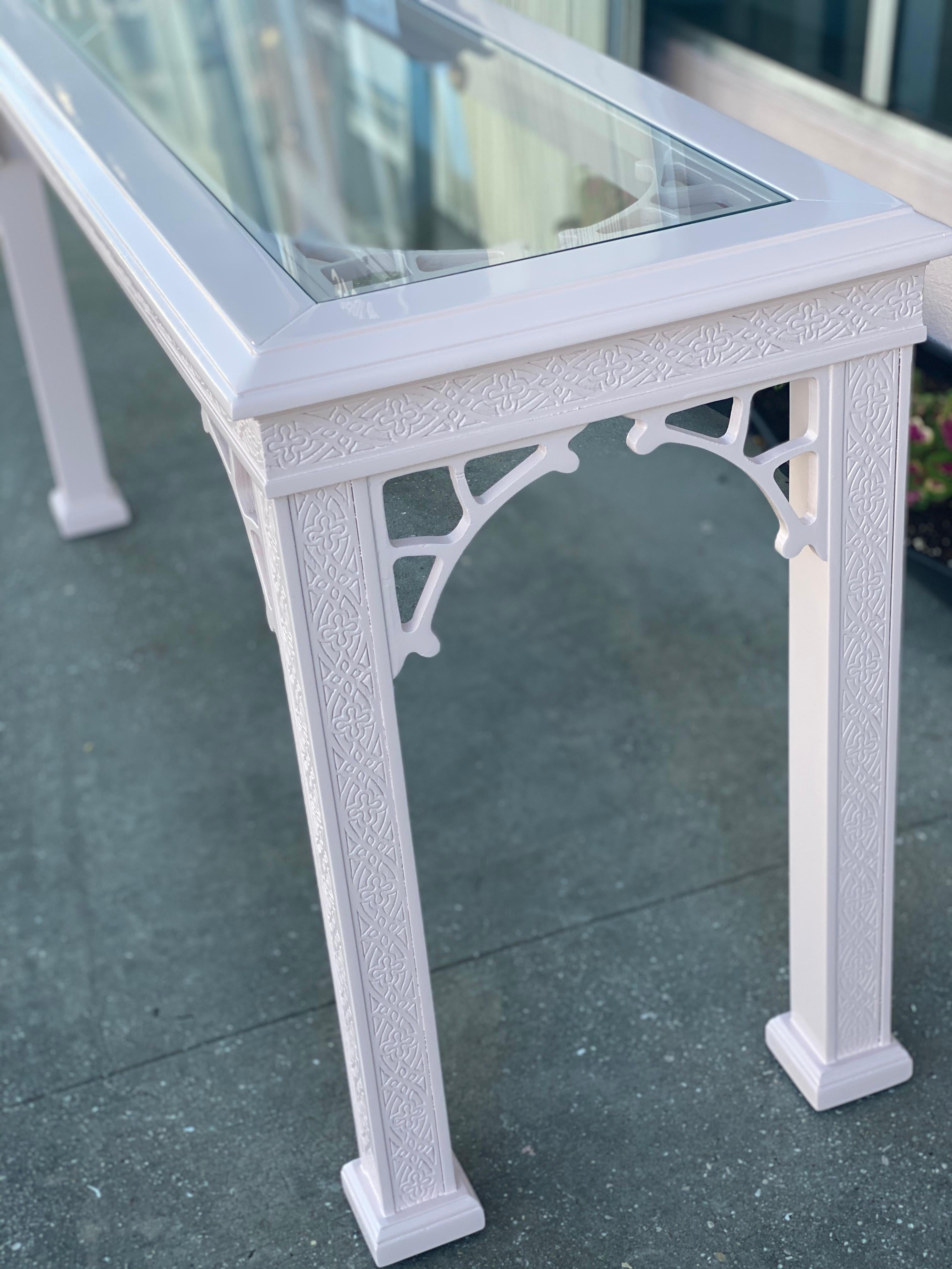 Vintage John Stuart Palm Beach Coral Lacquered Fretwork Console Table Glass Top For Sale 3