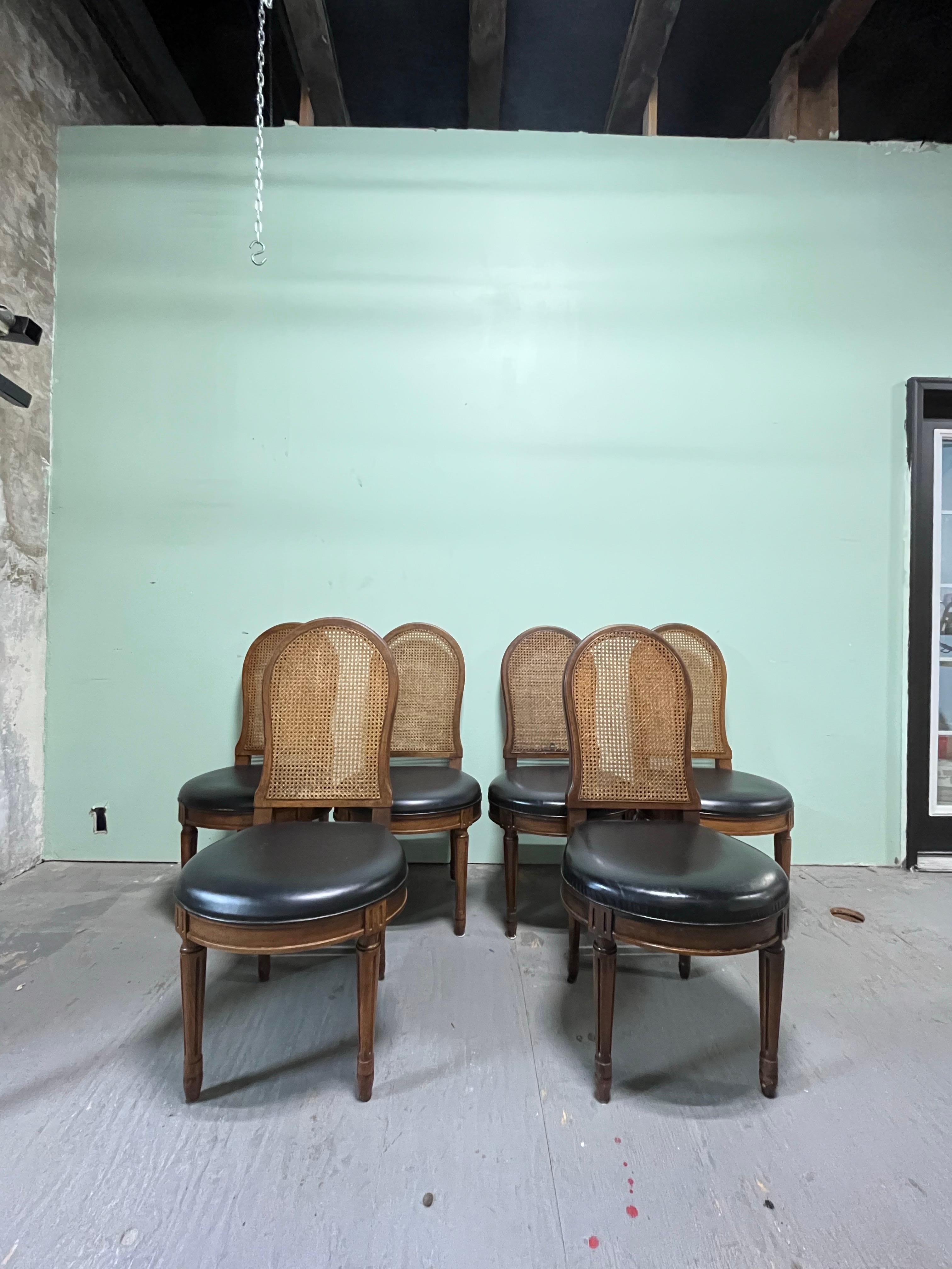 Louis XVI Vintage John Stuart Provincial Cane Back and Leather Dining Chairs For Sale