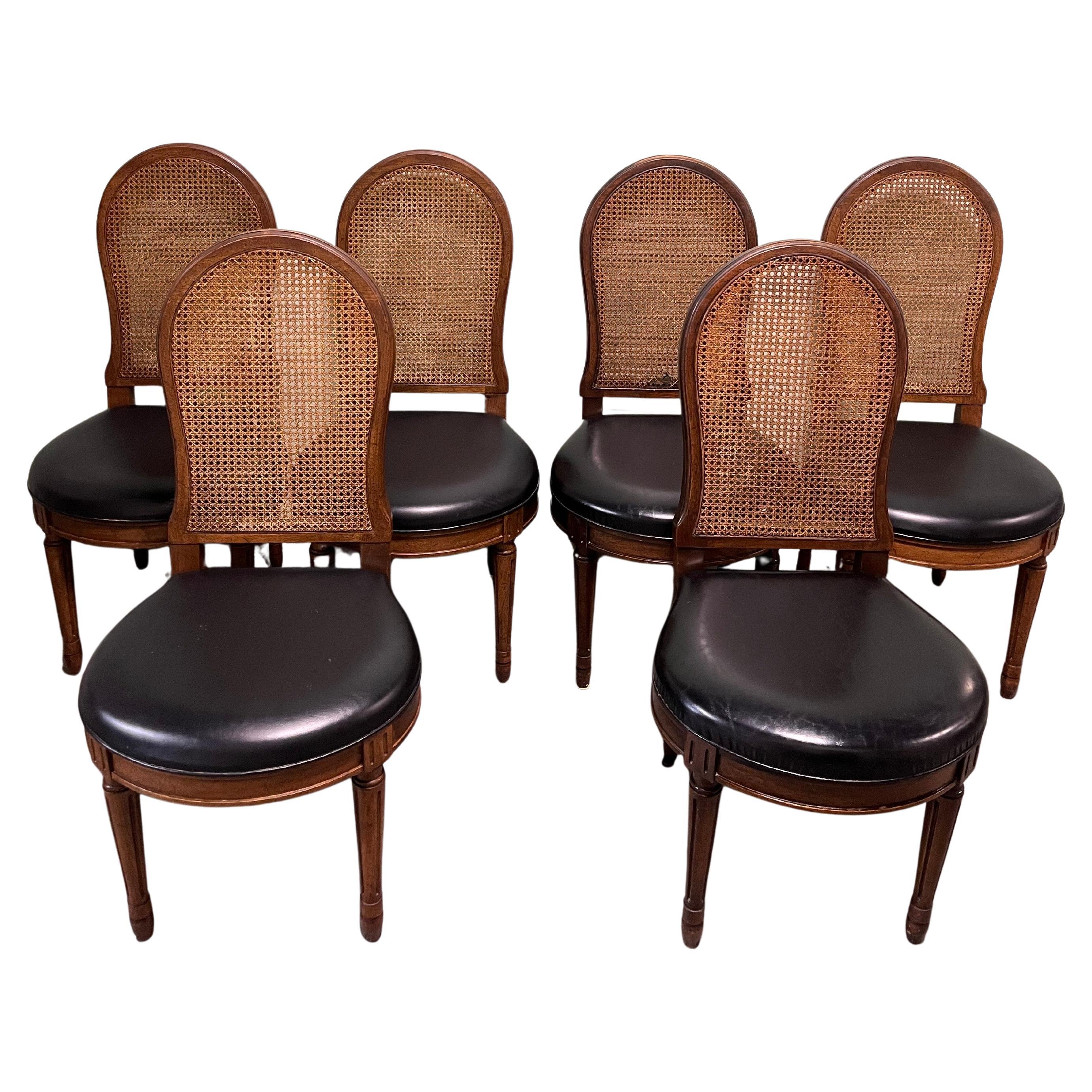 Vintage John Stuart Provincial Cane Back and Leather Dining Chairs For Sale