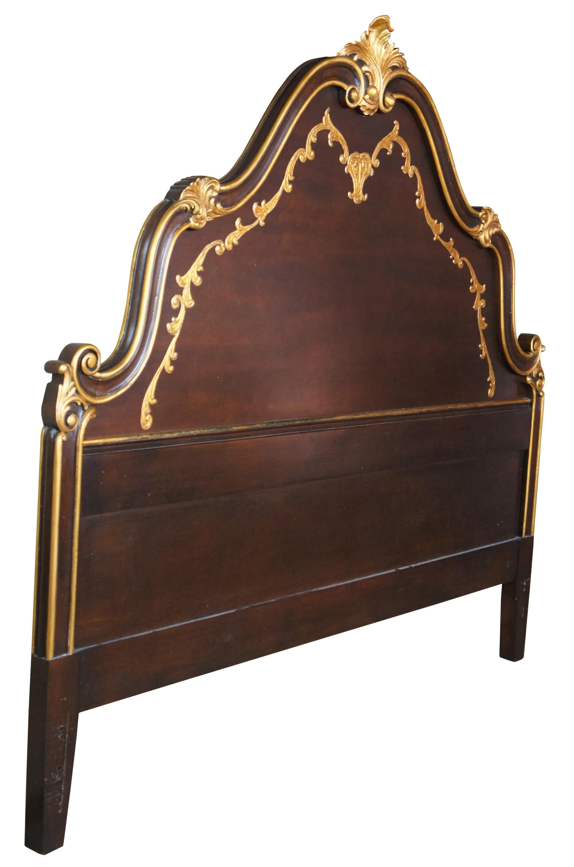 Vintage 1981 John Widdicomb headboard. Made of French walnut featuring serpentine form with gold gilded acanthus design. 2804. Measure: 60