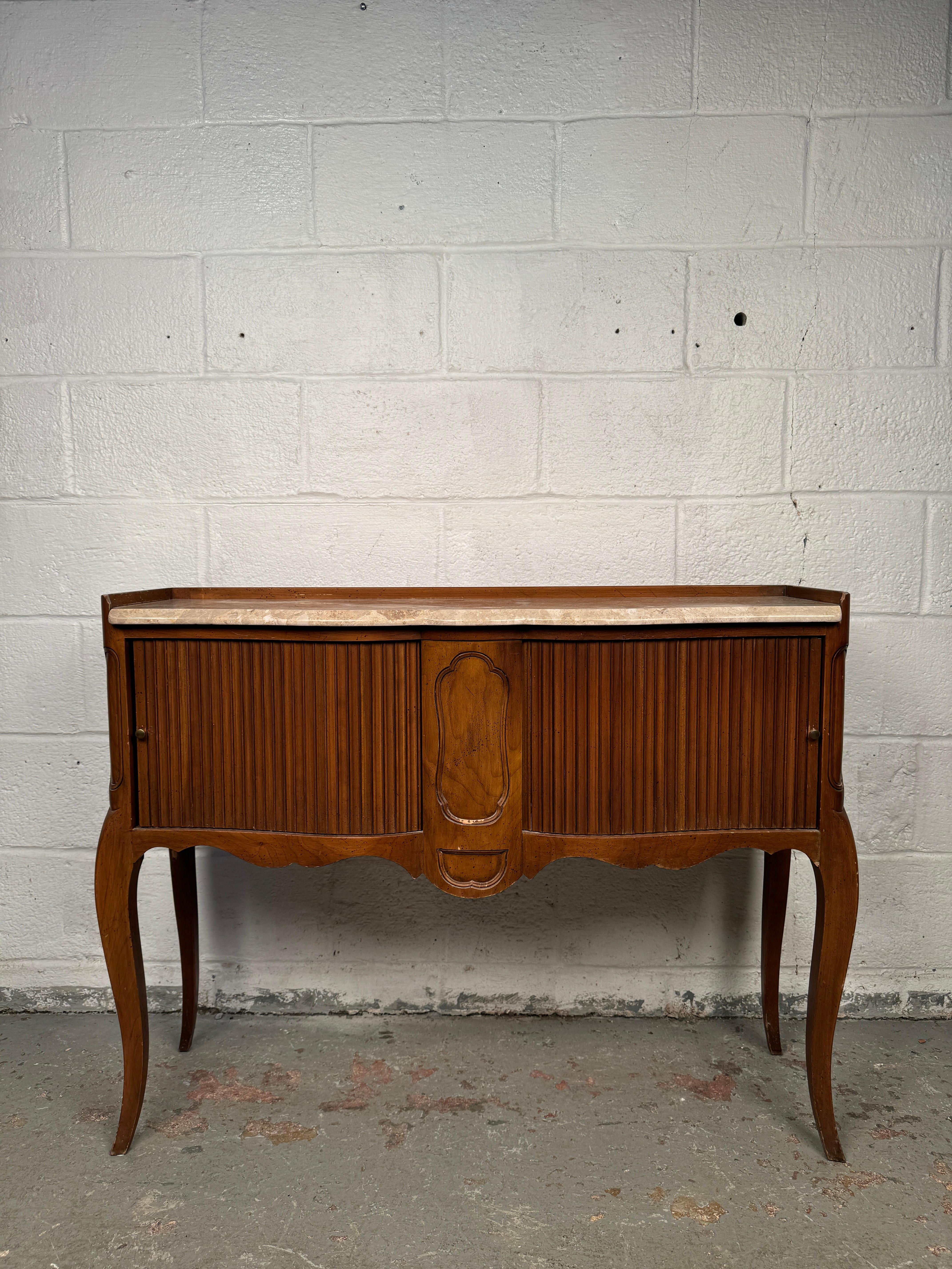 Mid-Century Modern Vintage John Widdicomb Marble Top French Style Console Table with Tambour Doors For Sale