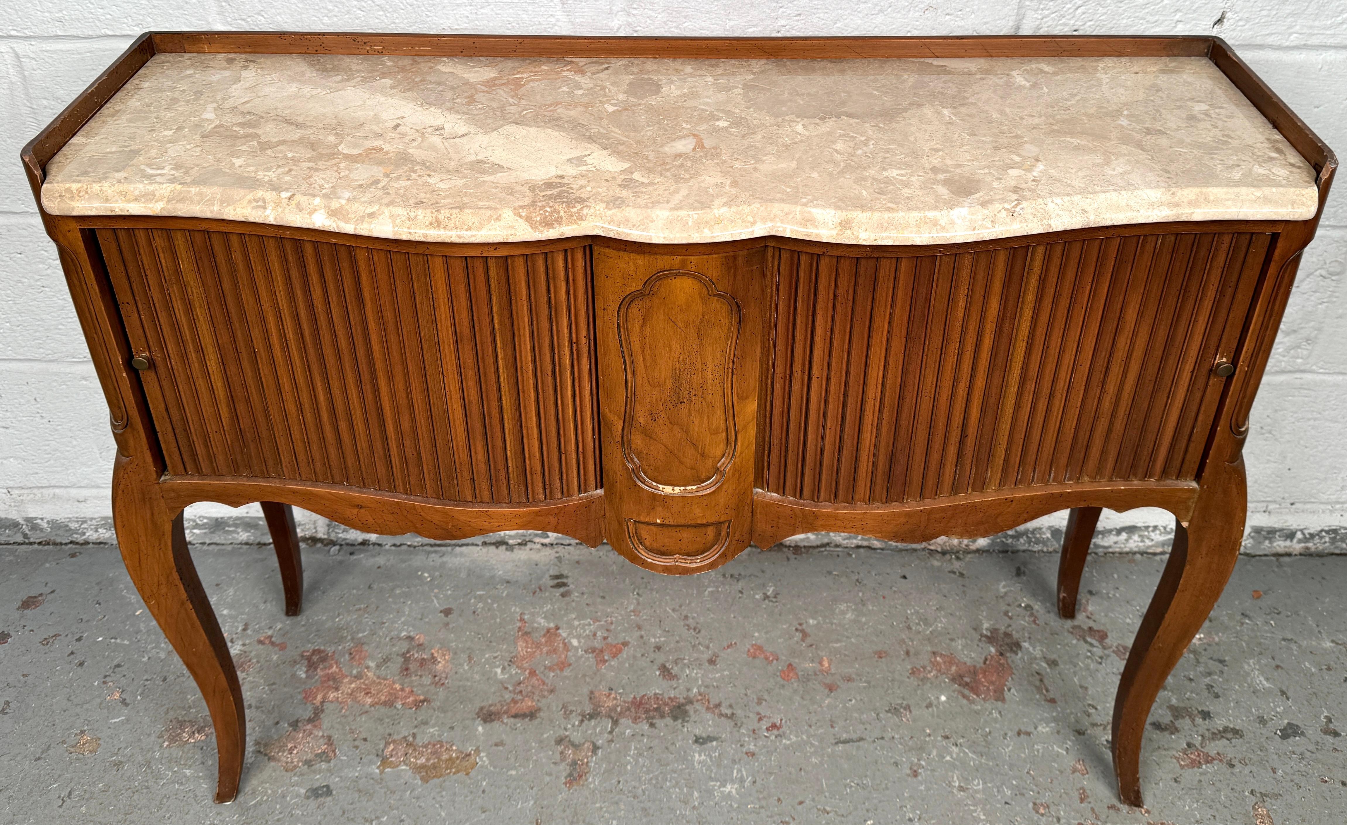 Vintage John Widdicomb Marble Top French Style Console Table with Tambour Doors In Good Condition For Sale In Brooklyn, NY
