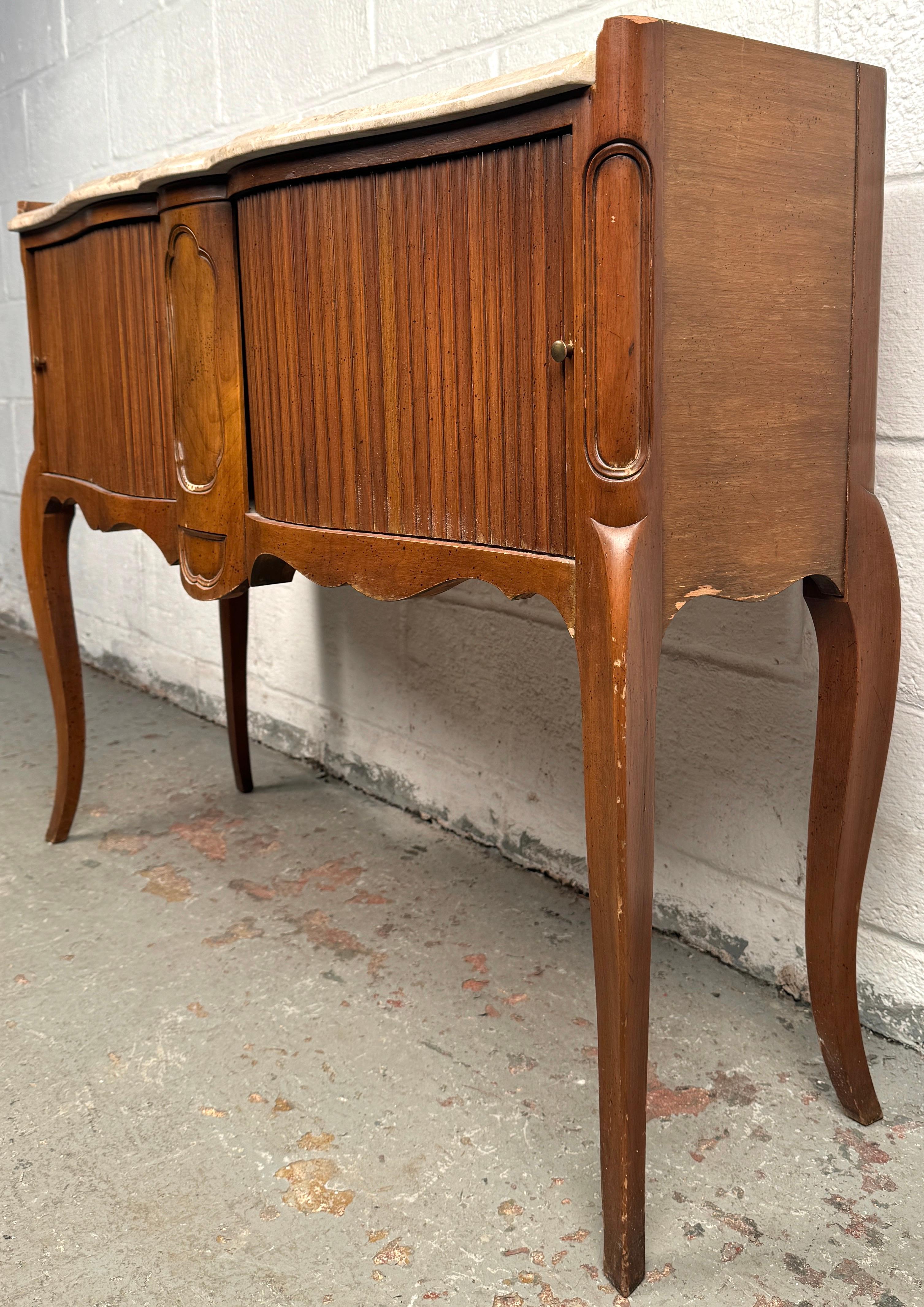 20th Century Vintage John Widdicomb Marble Top French Style Console Table with Tambour Doors For Sale